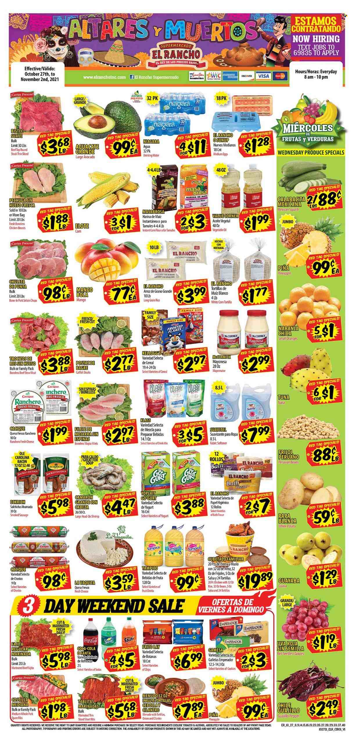 thumbnail - El Rancho Flyer - 10/27/2021 - 11/02/2021 - Sales products - stew meat, seedless grapes, tortillas, beans, mexican squash, avocado, grapes, guava, mango, pineapple, oranges, catfish, tilapia, tuna, shrimps, soup, fajita, bacon, chorizo, sausage, smoked sausage, queso fresco, cheese, yoghurt, Yoplait, eggs, mayonnaise, cookies, chips, cereals, rice, long grain rice, salsa, Coca-Cola, Fanta, fruit punch, alcohol, chicken breasts, beef meat, steak, round steak, marinated beef, pork loin, pork meat, pork ribs, pork spare ribs. Page 1.