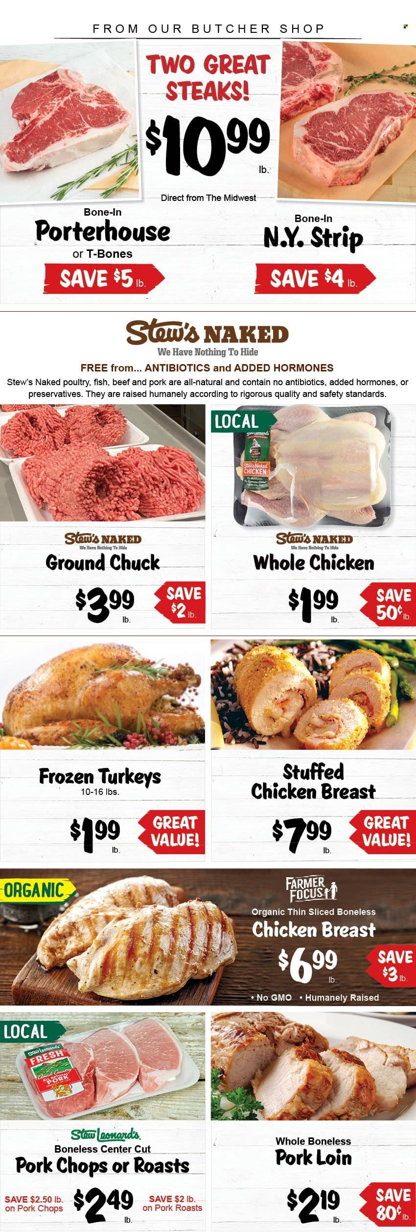 thumbnail - Stew Leonard's Flyer - 10/27/2021 - 11/02/2021 - Sales products - whole chicken, ground chuck, steak, pork chops, pork loin, pork meat, fish, stuffed chicken. Page 1.