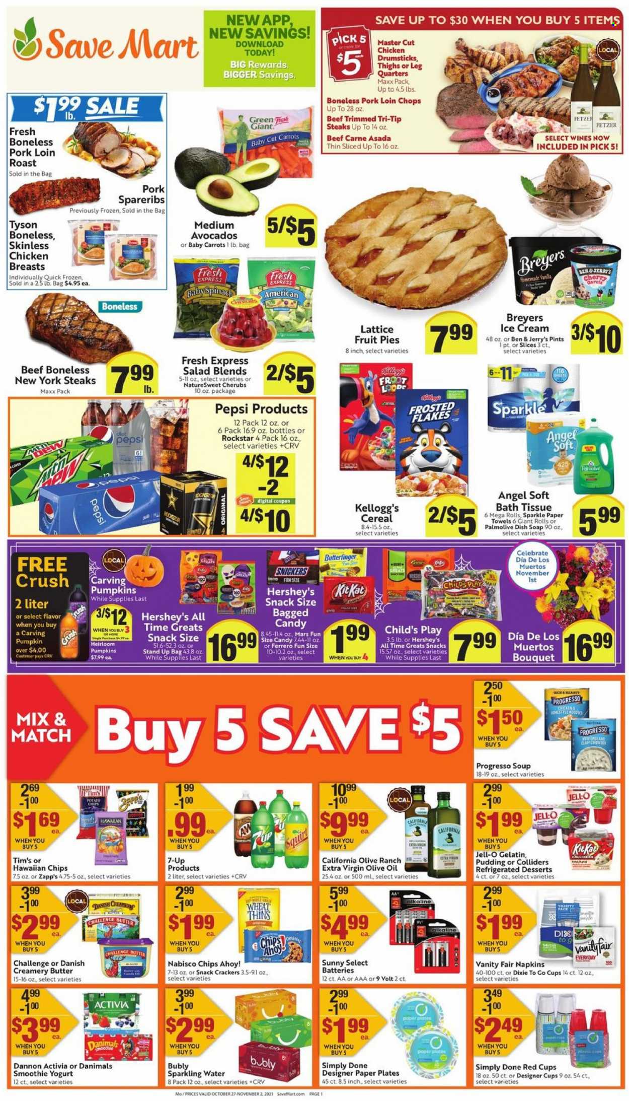 thumbnail - Save Mart Flyer - 10/27/2021 - 11/02/2021 - Sales products - carrots, pumpkin, salad, cherries, chicken breasts, chicken drumsticks, steak, pork chops, pork loin, pork meat, pork spare ribs, noodles, Progresso, pudding, yoghurt, Activia, Dannon, Danimals, butter, ice cream, Reese's, Hershey's, Ben & Jerry's, Ferrero Rocher, Snickers, Mars, crackers, Kellogg's, Chips Ahoy!, Thins, Jell-O, cereals, Frosted Flakes, extra virgin olive oil, olive oil, oil, Pepsi, Diet Pepsi, 7UP, Rockstar, smoothie, sparkling water, napkins, Palmolive, soap, paper plate, Dixie. Page 1.