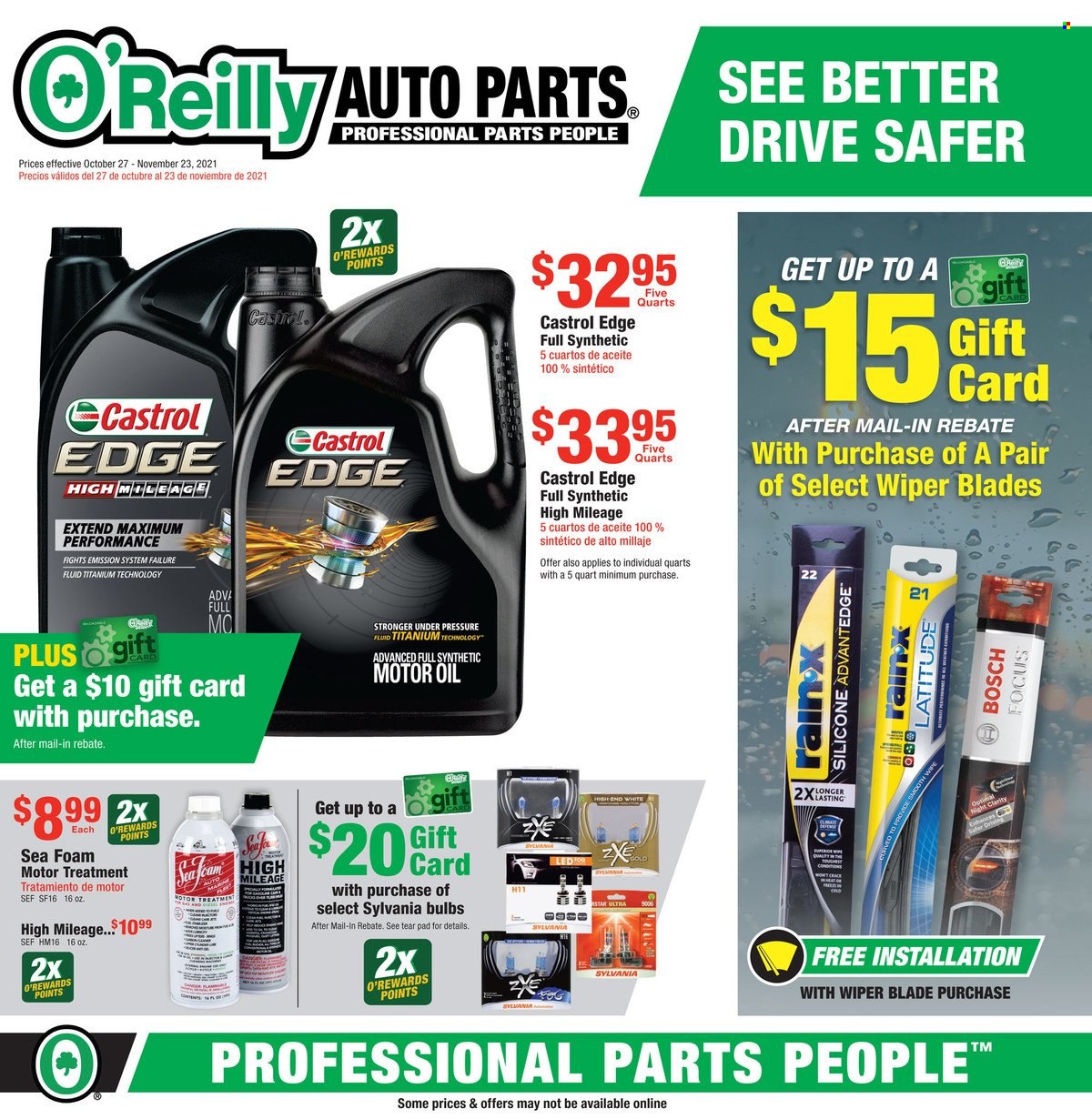 thumbnail - O'Reilly Auto Parts Flyer - 10/27/2021 - 11/23/2021 - Sales products - wiper blades, motor oil, Castrol. Page 1.