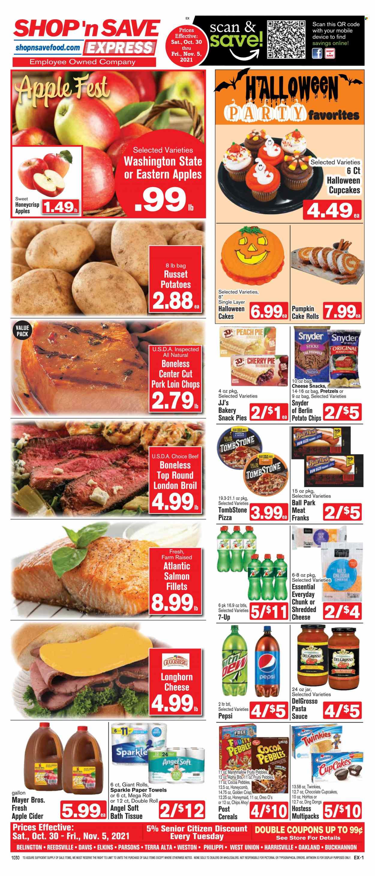 thumbnail - Shop ‘n Save Express Flyer - 10/30/2021 - 11/05/2021 - Sales products - pretzels, pie, cupcake, cherry pie, russet potatoes, pumpkin, pork chops, pork loin, pork meat, salmon, salmon fillet, pizza, pasta sauce, sauce, Colby cheese, Longhorn cheese, mild cheddar, Oreo, marshmallows, snack, Chips Ahoy!, potato chips, chips, cereals, Fruity Pebbles, Pepsi, 7UP, apple cider, cider, bath tissue, kitchen towels, paper towels. Page 1.