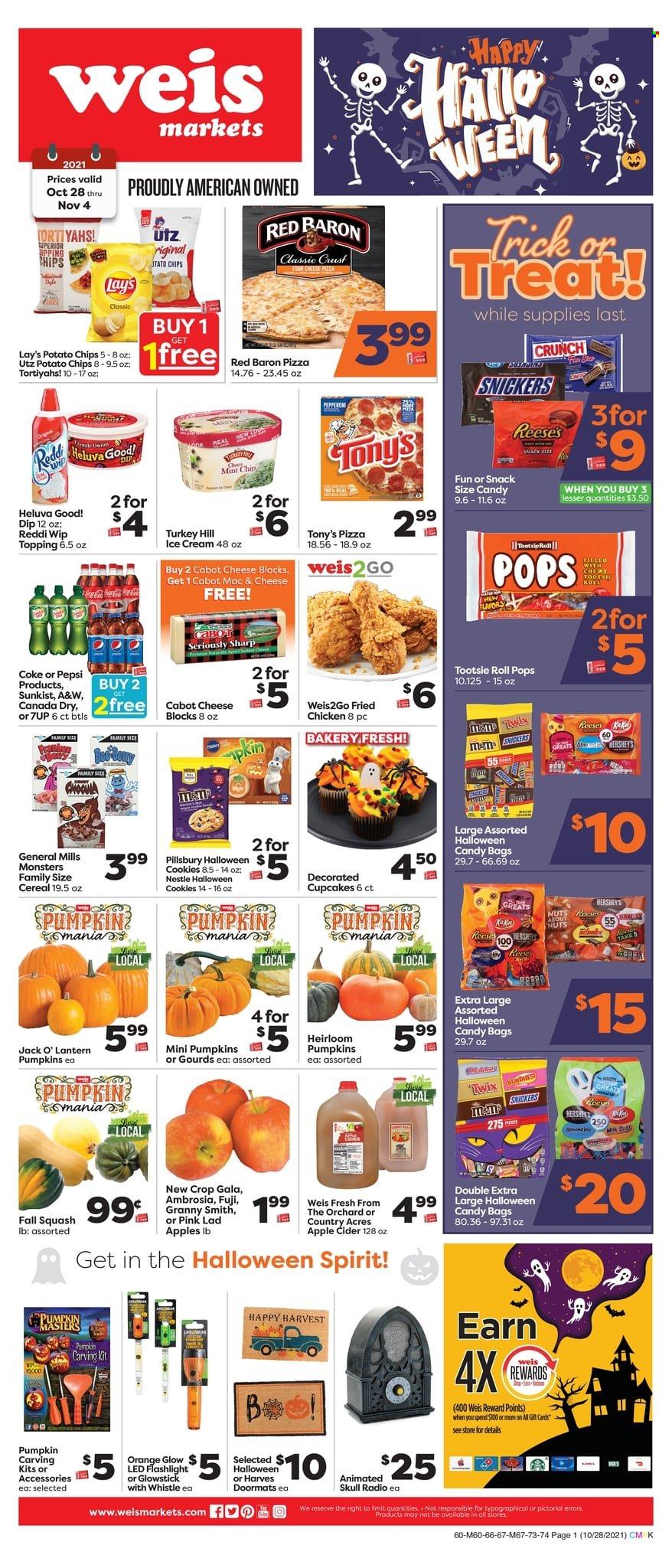 thumbnail - Weis Flyer - 10/28/2021 - 11/04/2021 - Sales products - cupcake, pumpkin, Gala, oranges, Granny Smith, pizza, fried chicken, Pillsbury, pepperoni, dip, ice cream, Reese's, Hershey's, Red Baron, cookies, Nestlé, Twix, Starburst, potato chips, chips, Lay’s, topping, cereals, Canada Dry, Coca-Cola, Pepsi, 7UP, A&W, apple cider, cider, lantern, Halloween, radio. Page 1.