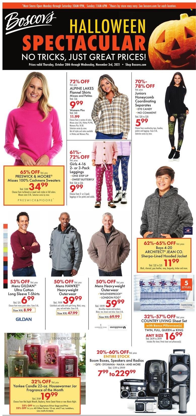 thumbnail - Boscov's Flyer - 10/28/2021 - 11/03/2021 - Sales products - fragrance, tumbler, jar, candle, Yankee Candle, Sylvania, pillowcase, Apple, speaker, jacket, t-shirt, tops, sherpa, hoodie, leggings. Page 1.