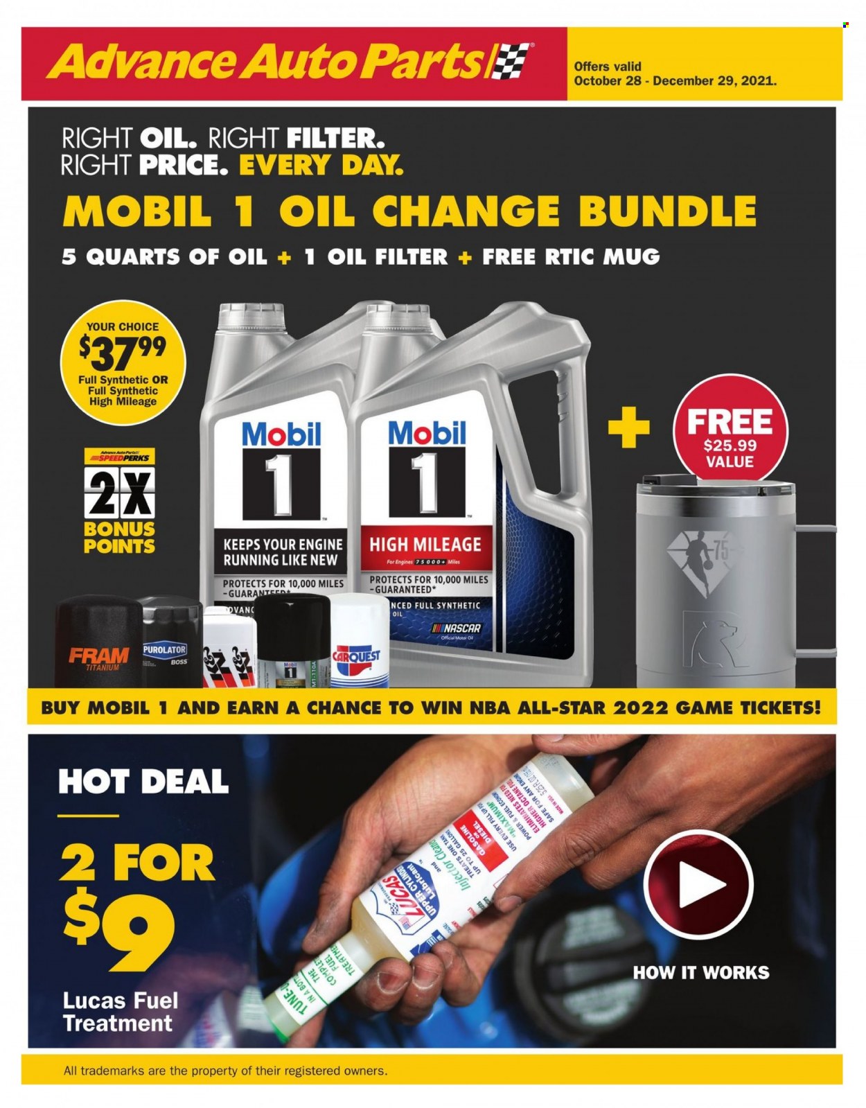 thumbnail - Advance Auto Parts Flyer - 10/28/2021 - 12/29/2021 - Sales products - oil filter, Lucas, lubricant, Mobil, fuel supplement. Page 1.