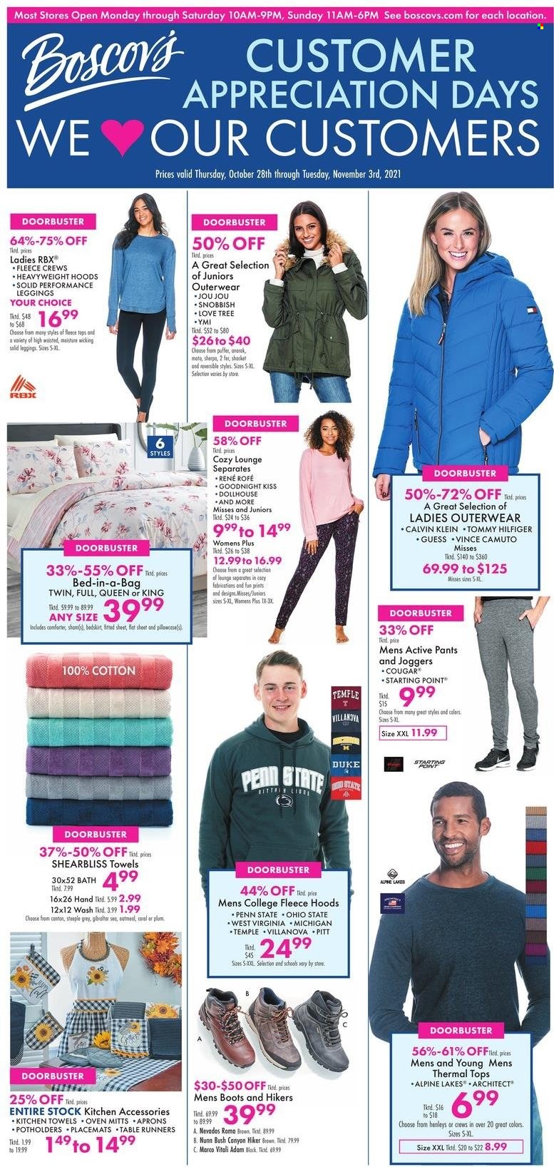 thumbnail - Boscov's Flyer - 10/28/2021 - 11/03/2021 - Sales products - boots, Calvin Klein, hiking shoes, Guess, Tommy Hilfiger, RBX, oven mitt, table runner, placemat, kitchen towels, oven, table, bed, pants, sherpa, joggers, leggings. Page 1.