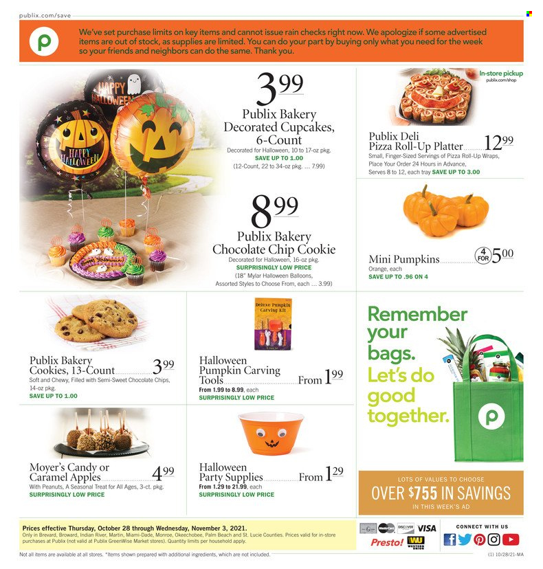 thumbnail - Publix Flyer - 10/28/2021 - 11/03/2021 - Sales products - pizza rolls, wraps, cupcake, apples, pizza, cookies, Halloween. Page 1.