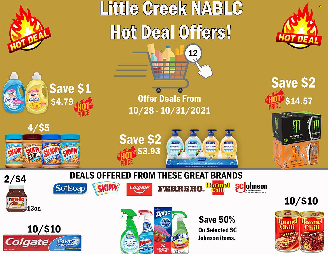 thumbnail - Commissary Flyer - 10/28/2021 - 10/31/2021 - Sales products - Hormel, Nutella, Ferrero Rocher, Monster, Johnson's, Windex, bleach, Softsoap, Colgate, Ziploc. Page 1.