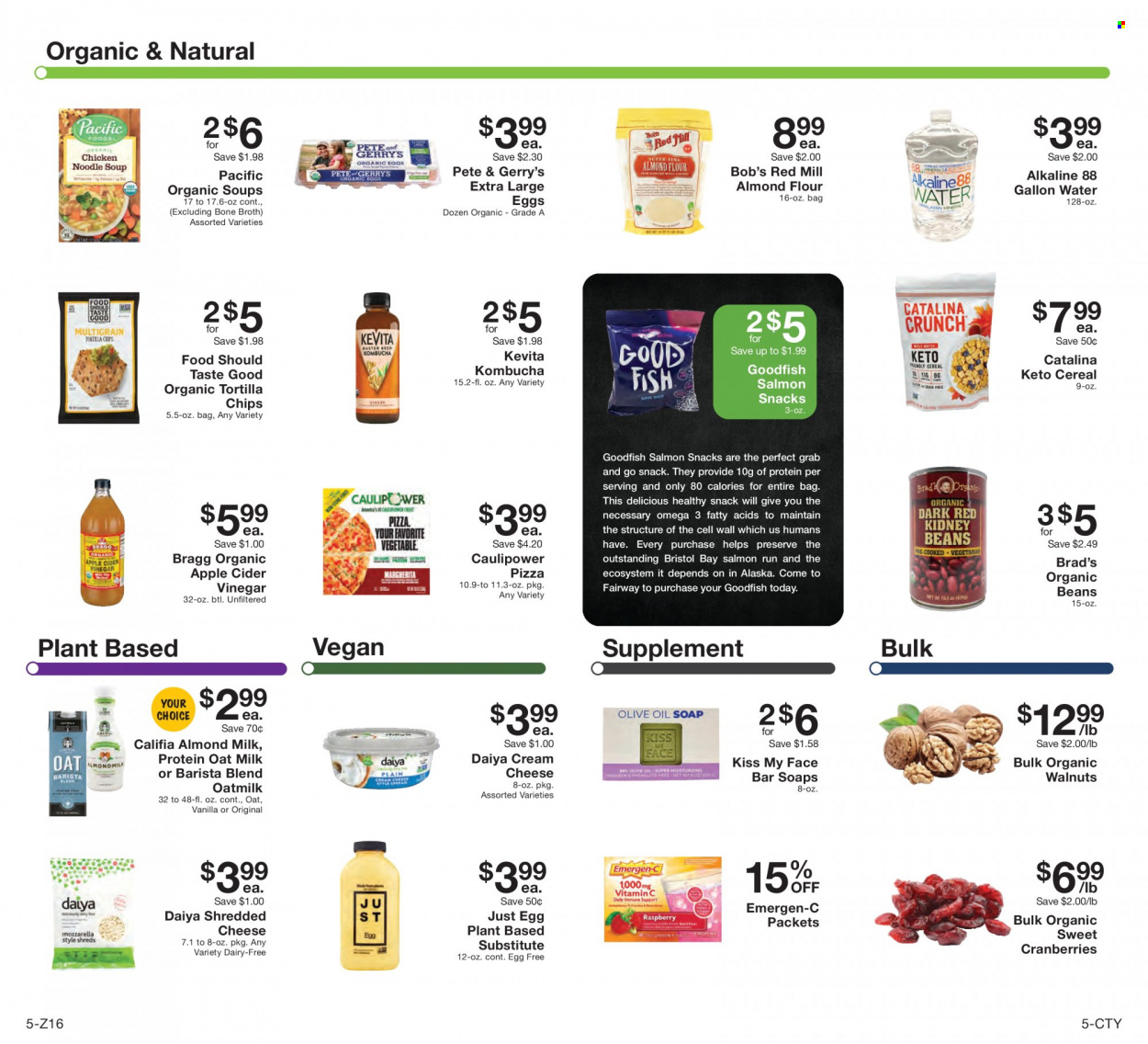 thumbnail - Fairway Market Flyer - 10/29/2021 - 11/04/2021 - Sales products - beans, salmon, pizza, cream cheese, shredded cheese, almond milk, oat milk, large eggs, tortilla chips, chips, broth, almond flour, cranberries, cereals, apple cider vinegar, walnuts, kombucha, KeVita. Page 5.