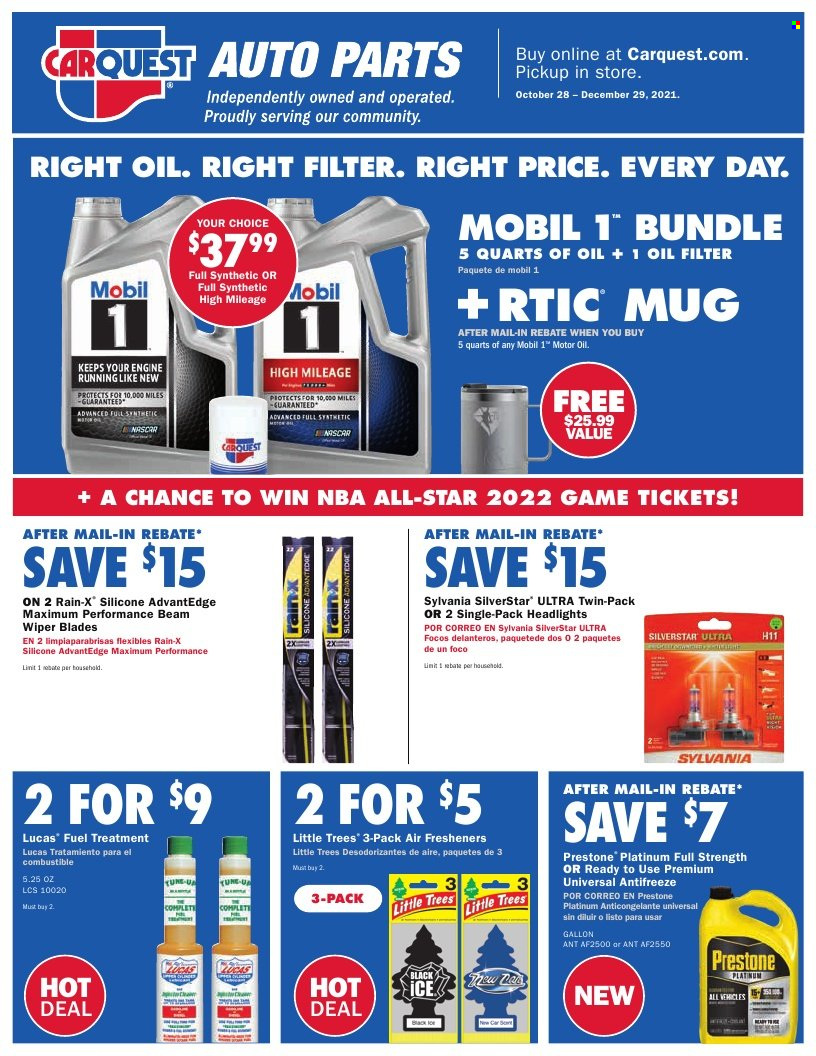 thumbnail - Carquest Flyer - 10/28/2021 - 12/29/2021 - Sales products - wiper blades, oil filter, Lucas, air freshener, antifreeze, Rain-X, Mobil, motor oil, Prestone, fuel supplement. Page 1.