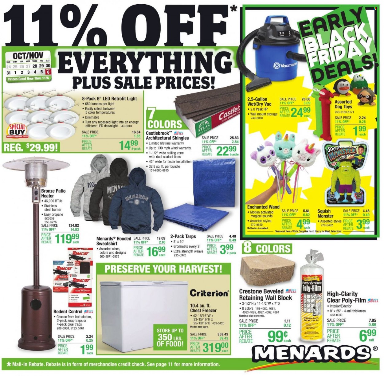 thumbnail - Menards Flyer - 10/28/2021 - 11/06/2021 - Sales products - Monster, Tomcat, glue traps, gallon, glue, mouse, dog toy, heater, shingle. Page 1.