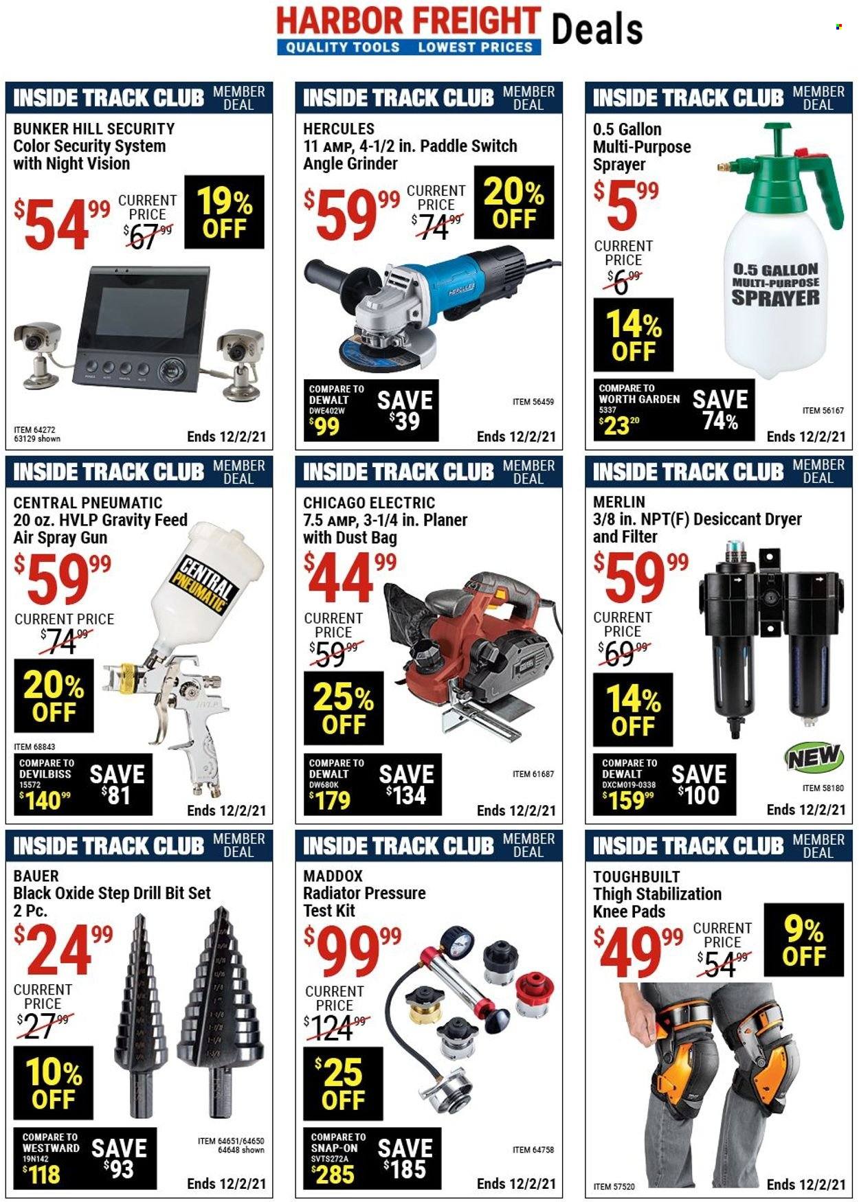 thumbnail - Harbor Freight Flyer - 10/28/2021 - 12/02/2021 - Sales products - gallon, bag, knee pads, spray gun, drill bit set, grinder, angle grinder, planer, sprayer, central pneumatic. Page 1.
