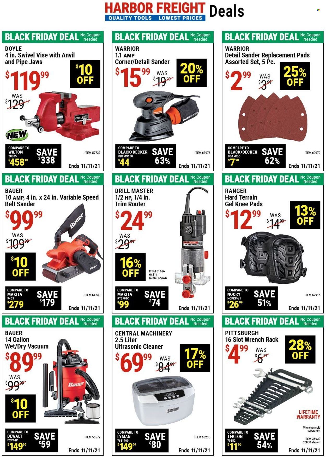 thumbnail - Harbor Freight Flyer - 10/28/2021 - 11/11/2021 - Sales products - gallon, vacuum cleaner, knee pads, drill, wrench, belt sander, cleaner. Page 10.
