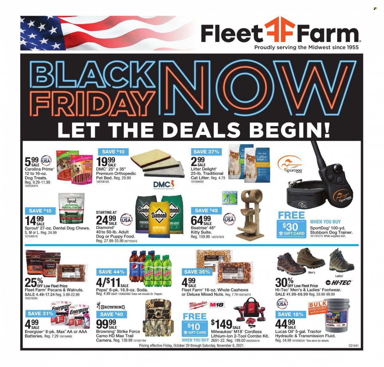 thumbnail - Fleet Farm Flyer - 10/29/2021 - 11/06/2021 - Sales products - HI-TEC, pepper, cashews, walnuts, pecans, mixed nuts, Pepsi, Dr. Pepper, soda, Energizer, AAA batteries, cat litter, pet bed, dental chews, animal treats, dog food, dog chews, camera, trail cam, Browning, tractor, Milwaukee, combo kit, Lucas, transmission fluid. Page 1.