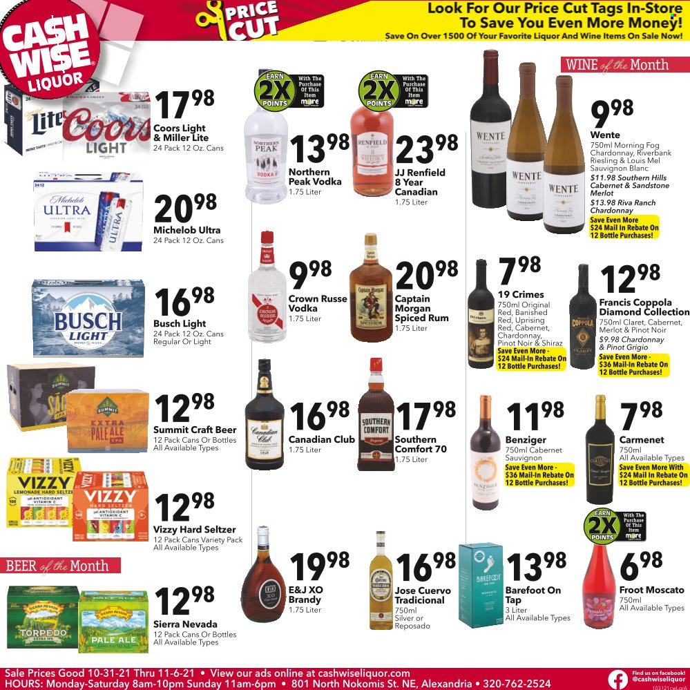 thumbnail - Cash Wise Liquor Only Flyer - 10/31/2021 - 11/06/2021 - Sales products - lemonade, Cabernet Sauvignon, red wine, Riesling, white wine, Chardonnay, wine, Merlot, Pinot Noir, Moscato, Shiraz, Pinot Grigio, Sauvignon Blanc, brandy, Captain Morgan, rum, spiced rum, vodka, liquor, Hard Seltzer, beer, Busch, Coors, Michelob. Page 1.