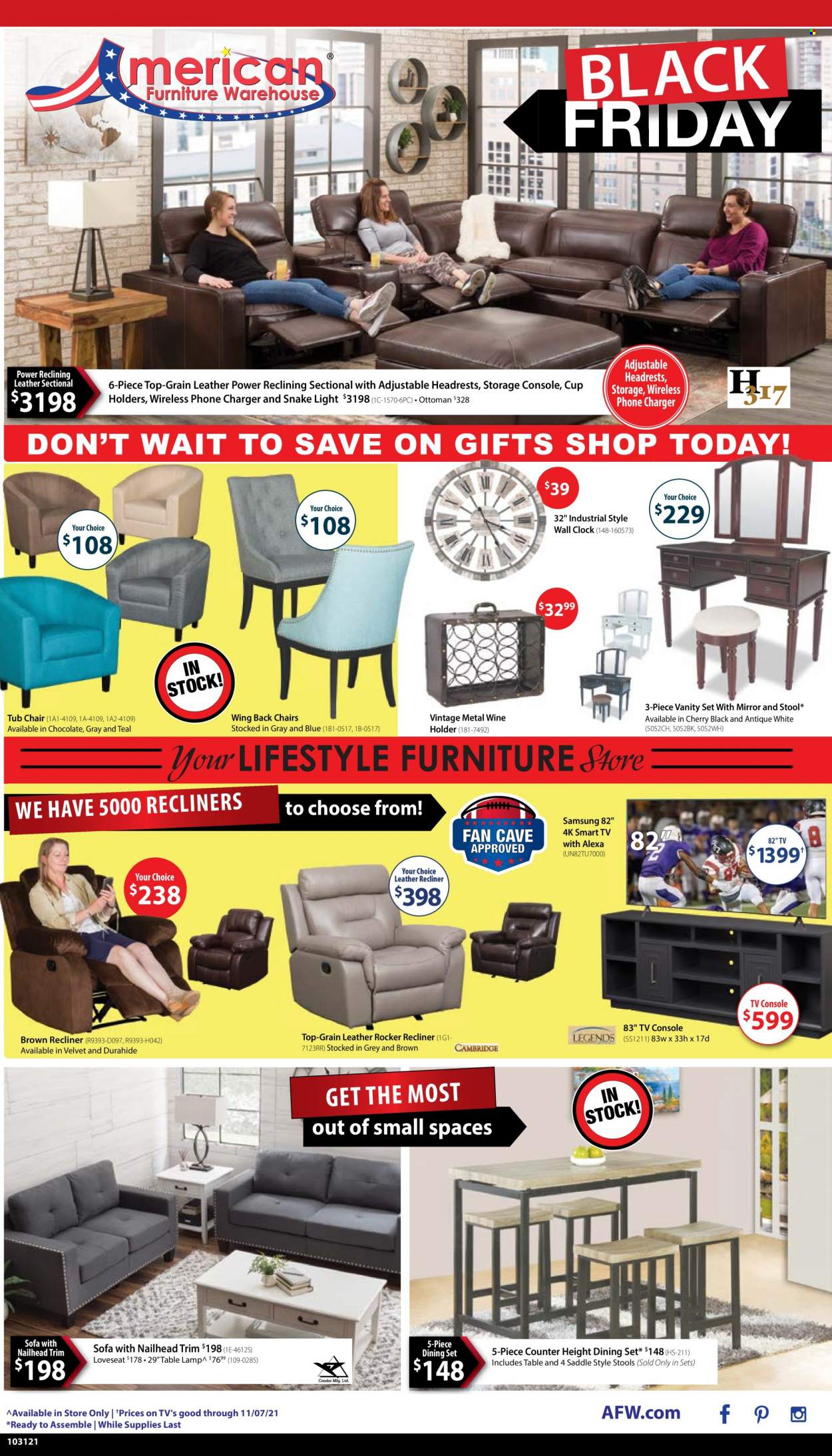 thumbnail - American Furniture Warehouse Flyer - 10/31/2021 - 11/07/2021 - Sales products - dining set, stool, chair, loveseat, sofa, recliner chair, tv console, ottoman, vanity, mirror. Page 1.