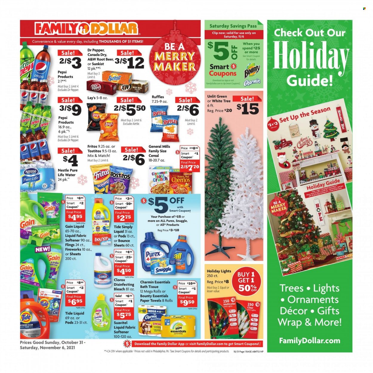 thumbnail - Family Dollar Flyer - 10/31/2021 - 11/06/2021 - Sales products - cheese, Nestlé, Bounty, Fritos, Lay’s, Ruffles, Tostitos, cereals, Cheerios, cinnamon, Canada Dry, Pepsi, Dr. Pepper, A&W, beer, bath tissue, kitchen towels, paper towels, Charmin, bleach, Clorox, Snuggle, Tide, fabric softener, Bounce, Purex, gift wrap. Page 1.