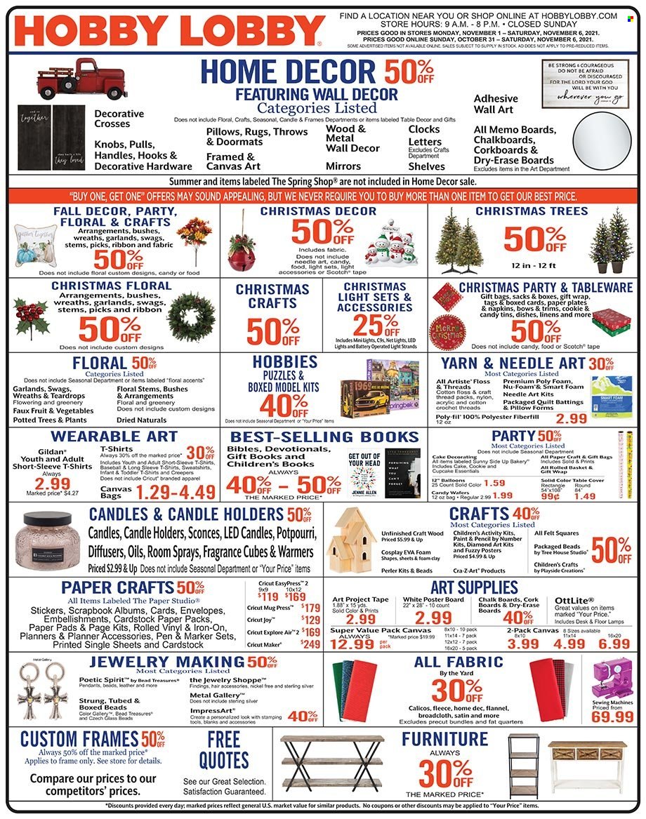 Hobby Lobby Flyer - 10/31/2021 - 11/06/2021 - Sales products - sticker, boxed card, gift wrap, pen, envelope, paper, pencil, scrapbook, sketch pad, canvas, balloons, ribbon, napkins, linens, pillow, quilt, mirror, wall decor, christmas tree, christmas decor, essentials. Page 1.