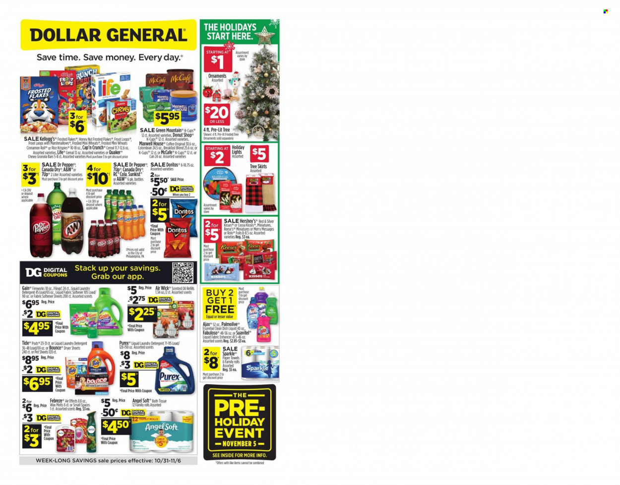 thumbnail - Dollar General Flyer - 10/31/2021 - 11/06/2021 - Sales products - Quaker, Reese's, Hershey's, Kellogg's, Doritos, cereals, granola bar, Rice Krispies, Cap'n Crunch, Frosted Flakes, Canada Dry, Dr. Pepper, 7UP, A&W, coffee, coffee capsules, McCafe, K-Cups, Green Mountain, bath tissue, detergent, Febreze, Gain, Ajax, Fabuloso, Tide, fabric softener, laundry detergent, Bounce, dryer sheets, Gain Fireworks, Purex, dishwashing liquid, Palmolive, paper, Air Wick. Page 1.