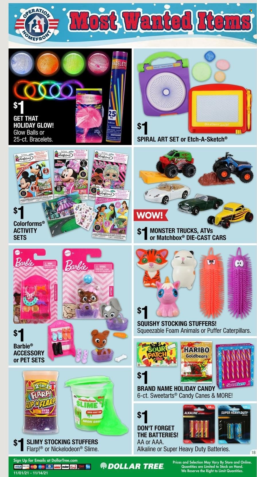 thumbnail - Dollar Tree Flyer - 11/01/2021 - 11/13/2021 - Sales products - Mickey Mouse, Haribo, Sour Patch, Barbie, Colorforms, Matchbox, Slime, Monster Trucks. Page 18.