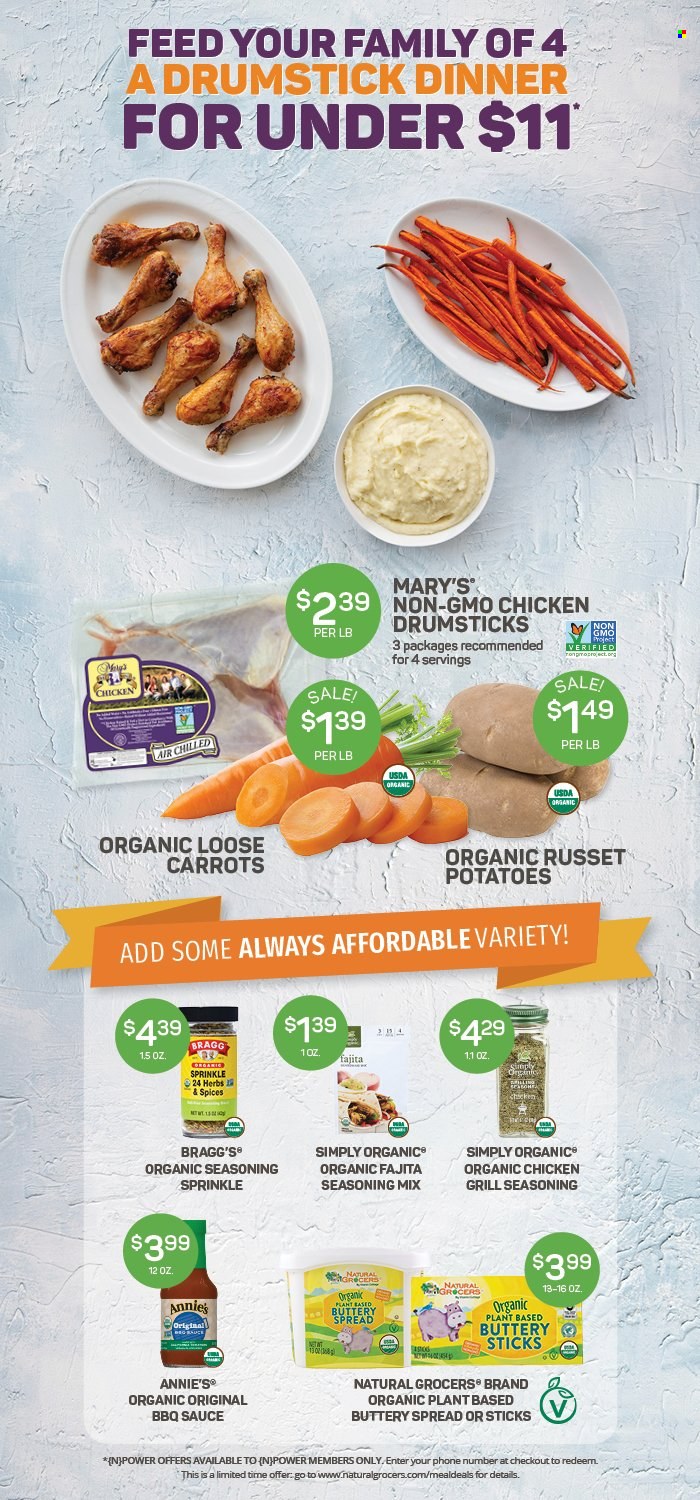 thumbnail - Natural Grocers Flyer - Sales products - carrots, russet potatoes, potatoes, sauce, fajita, Annie's, buttery spread, spice, herbs, BBQ sauce, chicken drumsticks. Page 1.