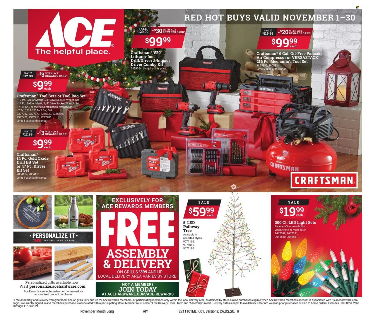 thumbnail - ACE Hardware Flyer - 11/01/2021 - 11/30/2021 - Sales products - pancakes, bag, bulb, LED light, light set, impact driver, wrench, drill bit set, Craftsman, combo kit, tool set, wrench set, air compressor, cart, mechanic's tools, tool bag. Page 1.