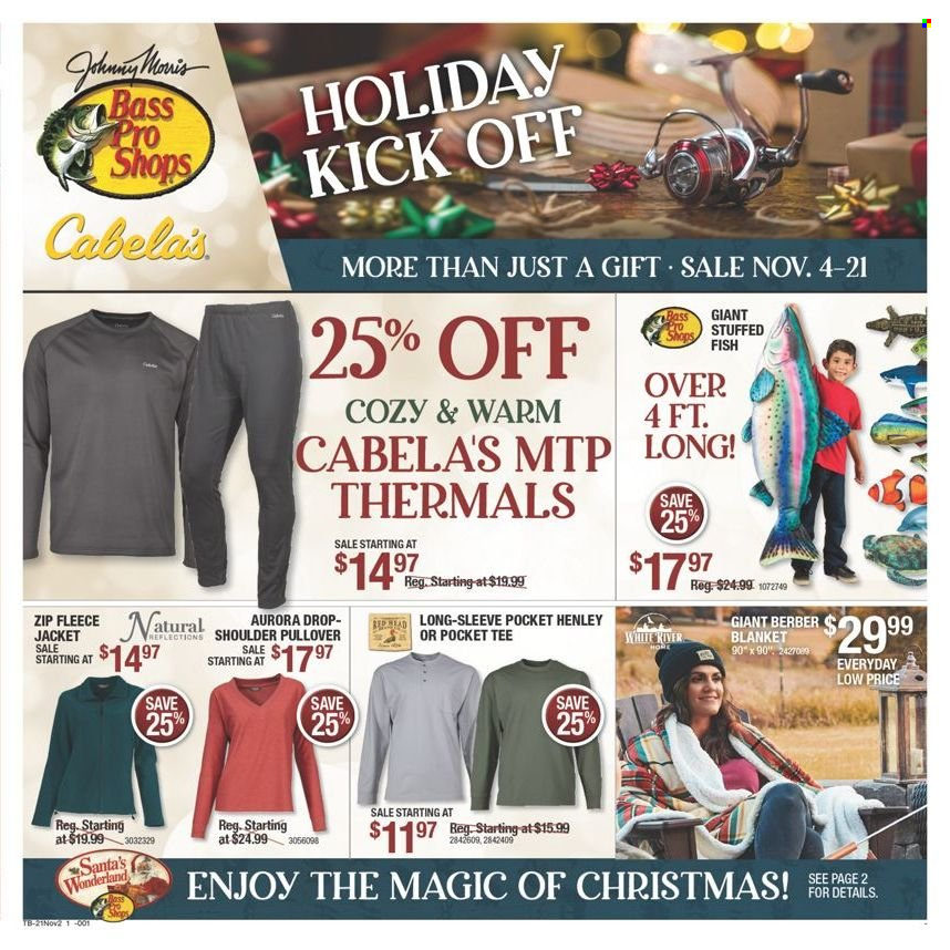 thumbnail - Bass Pro Shops Flyer - 11/04/2021 - 11/21/2021 - Sales products - blanket, t-shirt, pullover. Page 1.