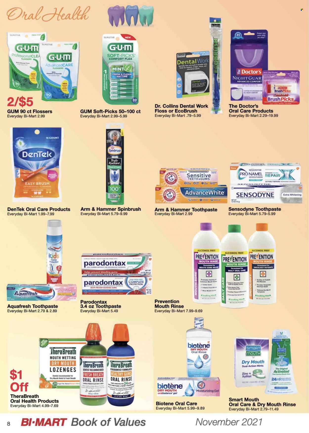 thumbnail - Bi-Mart Flyer - 11/01/2021 - 11/30/2021 - Sales products - ham, ARM & HAMMER, sugar, TRULY, Biotene, toothpaste, Sensodyne, zinc. Page 8.