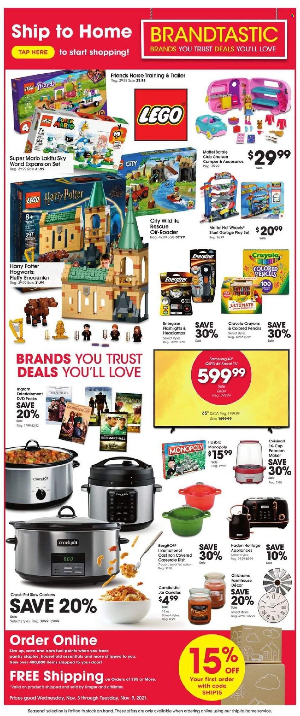 thumbnail - Fry’s Flyer - 11/03/2021 - 11/09/2021 - Sales products - Hot Wheels, Barbie, pot, casserole, cup, Cuisinart, jar, Harry Potter, crayons, pencil, Hogwarts, candle, Energizer, DVD, Samsung, smart tv, TV, Marshall, AEG, CrockPot. Page 12.