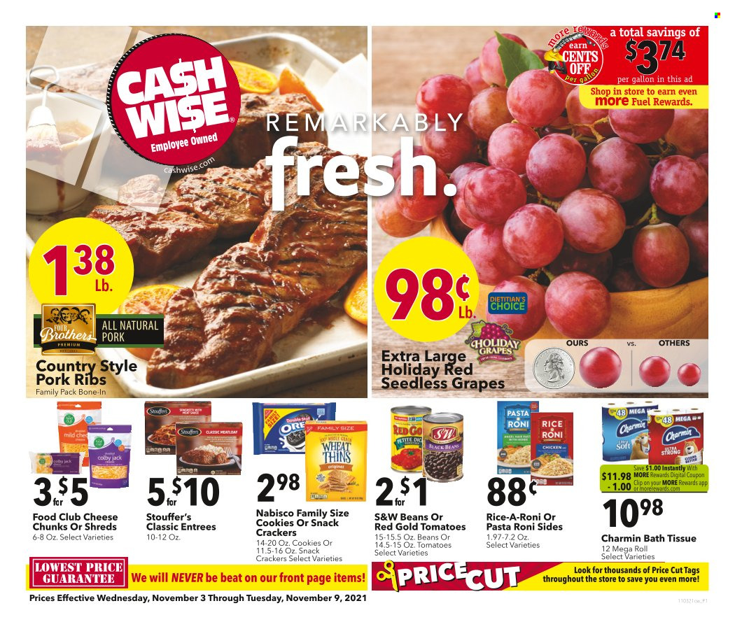 thumbnail - Cash Wise Flyer - 11/03/2021 - 11/09/2021 - Sales products - seedless grapes, beans, tomatoes, grapes, Colby cheese, cheese, Stouffer's, cookies, crackers, Thins, black beans, rice, BROTHERS, pork meat, pork ribs. Page 1.