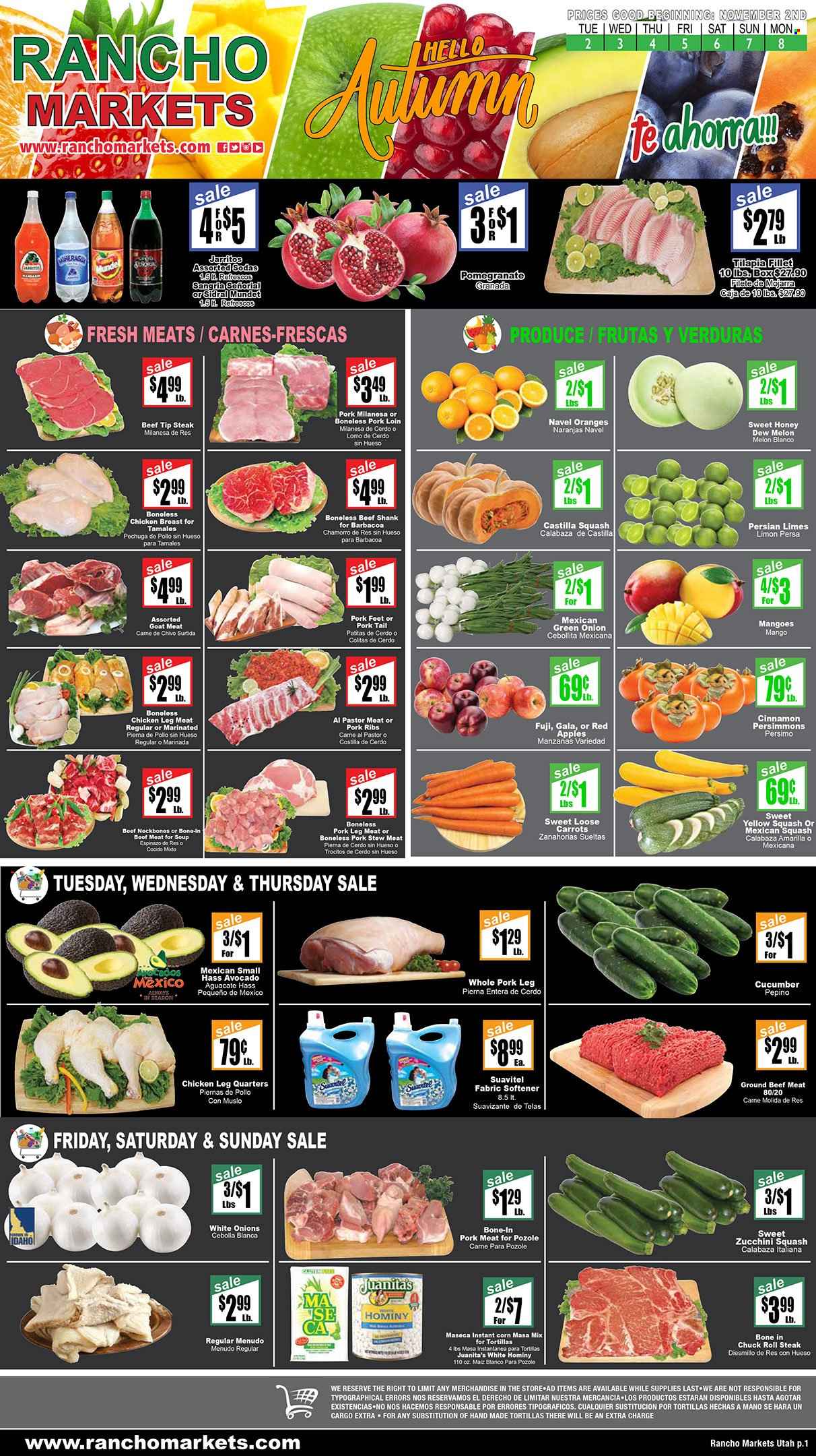 thumbnail - Rancho Markets Flyer - 11/02/2021 - 11/08/2021 - Sales products - stew meat, persimmons, tortillas, carrots, corn, zucchini, green onion, mexican squash, yellow squash, castilla squash, apples, avocado, Gala, limes, mango, oranges, tilapia, soup, cinnamon, chicken breasts, chicken legs, beef meat, beef shank, ground beef, steak, chuck steak, pork loin, pork meat, pork ribs, pork leg, goat meat, fabric softener, melons, pomegranate, navel oranges. Page 1.