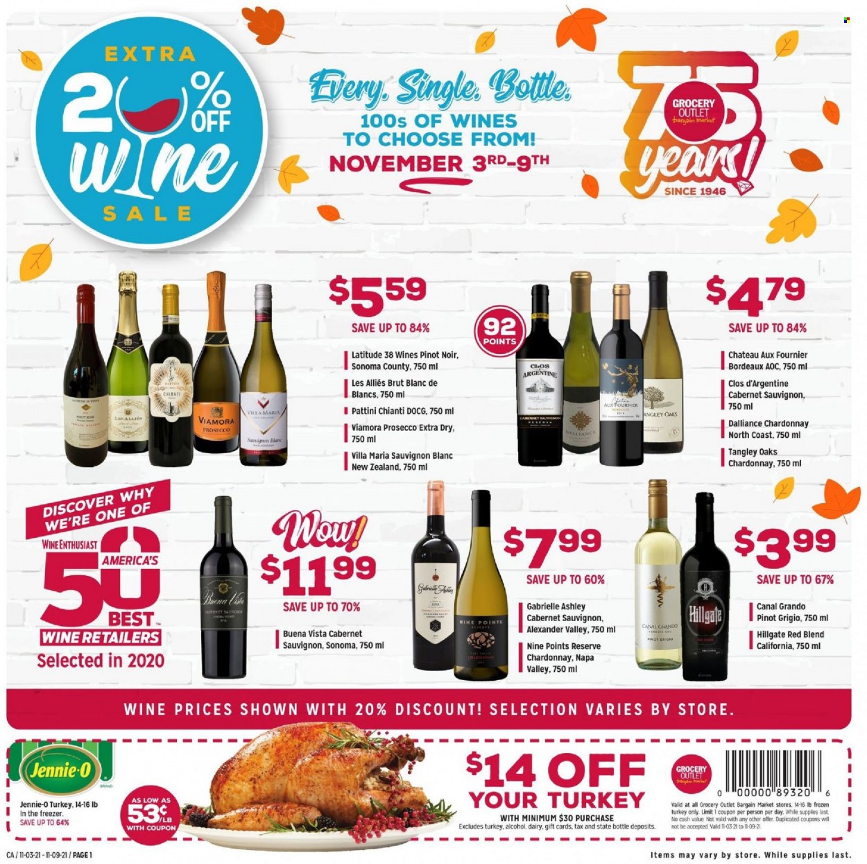 thumbnail - Grocery Outlet Flyer - 11/03/2021 - 11/09/2021 - Sales products - Cabernet Sauvignon, red wine, white wine, prosecco, Chardonnay, wine, Pinot Noir, Pinot Grigio, Sauvignon Blanc, whole turkey, Brut. Page 1.