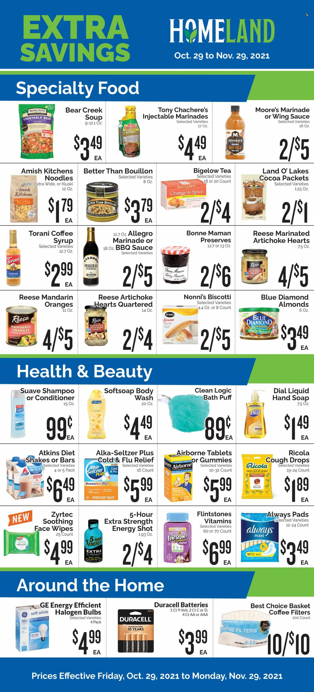 thumbnail - Homeland Flyer - 10/29/2021 - 11/29/2021 - Sales products - artichoke, mandarines, cherries, oranges, chicken roast, soup mix, soup, sauce, noodles, shake, eggs, biscotti, ricola, chocolate, bouillon, cocoa, spice, BBQ sauce, caramel, marinade, wing sauce, syrup, almonds, Blue Diamond, tea, coffee, wipes, body wash, shampoo, Softsoap, Suave, hand soap, Dial, soap, Always pads, conditioner, Cold & Flu, vitamin c, Zyrtec, Alka-seltzer, cough drops, Bayer. Page 1.