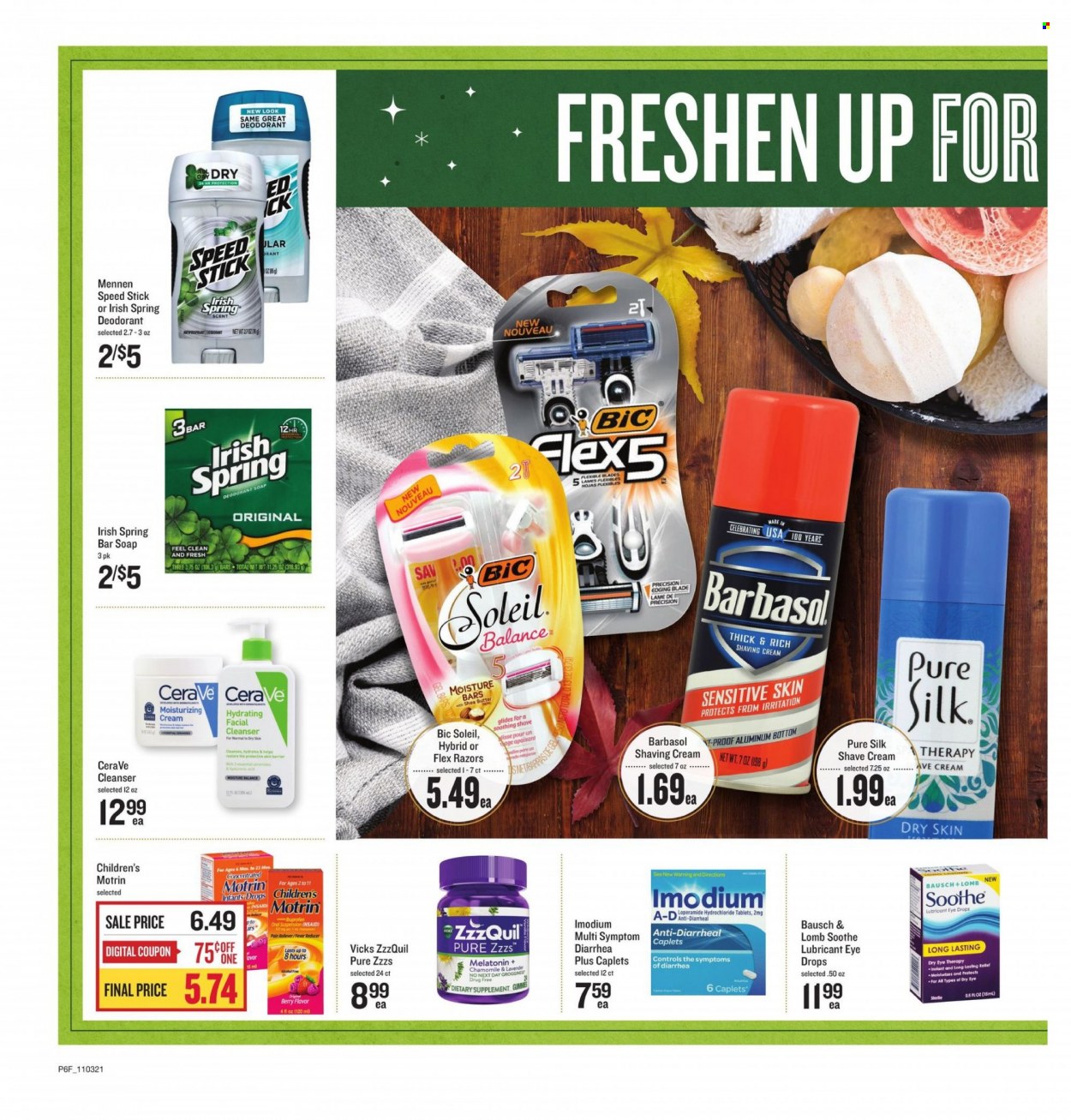 thumbnail - Lowes Foods Flyer - 11/03/2021 - 11/30/2021 - Sales products - L'Or, soap bar, soap, CeraVe, cleanser, shea butter, anti-perspirant, Speed Stick, deodorant, BIC, Barbasol, shave cream, lubricant, Vicks, Melatonin, ZzzQuil, Imodium, eye drops, dietary supplement, Motrin. Page 6.