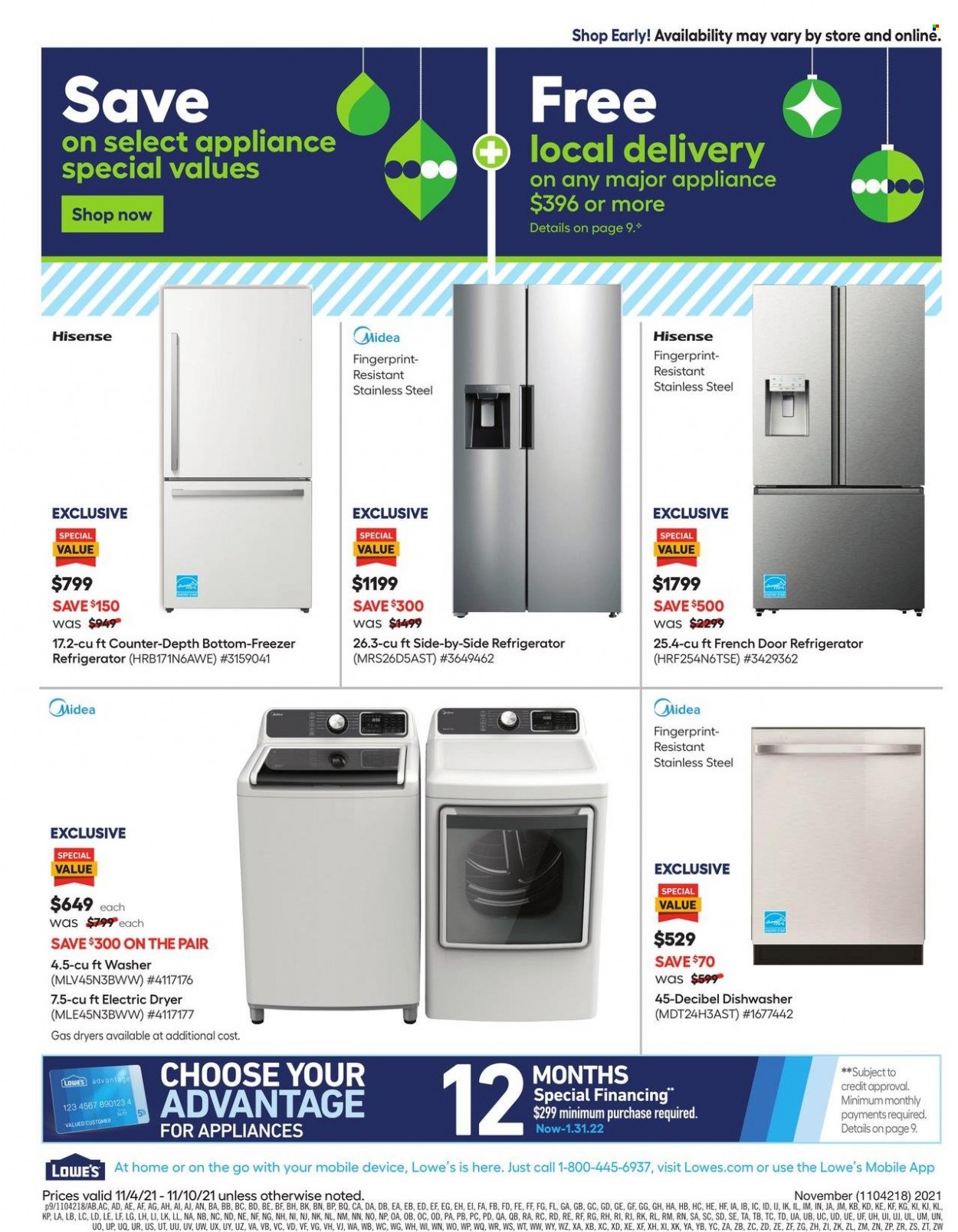 thumbnail - Lowe's Flyer - 11/04/2021 - 11/10/2021 - Sales products - freezer, french door refrigerator, refrigerator, Hisense, dishwasher, washing machine, electric dryer. Page 9.