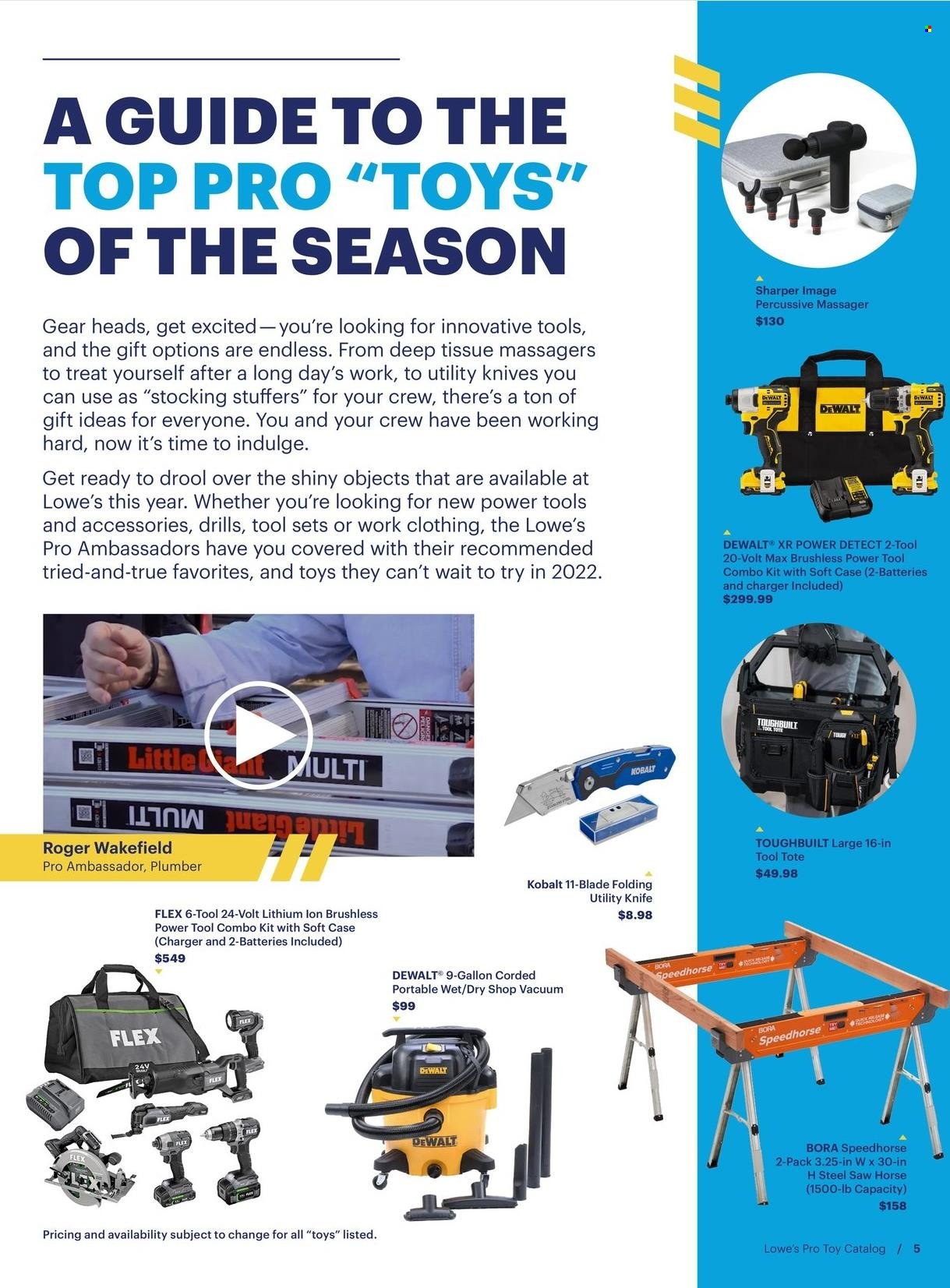 thumbnail - Lowe's Flyer - 11/02/2021 - 12/31/2021 - Sales products - DeWALT, tissues, gallon, massager, tote, drill, saw, combo kit, utility knife. Page 5.