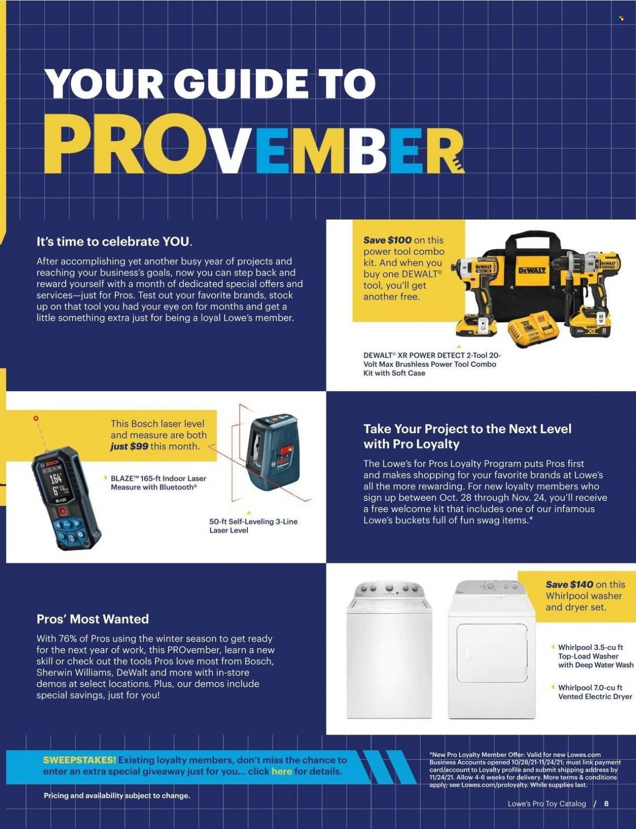 thumbnail - Lowe's Flyer - 11/02/2021 - 12/31/2021 - Sales products - DeWALT, Bosch, Whirlpool, washer & dryer, washing machine, electric dryer, swag, toys, combo kit. Page 8.