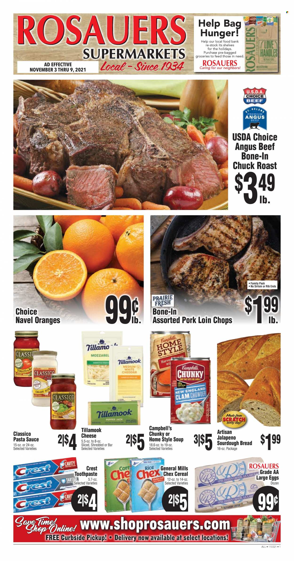 thumbnail - Rosauers Flyer - 11/03/2021 - 11/09/2021 - Sales products - bread, sourdough bread, jalapeño, oranges, Campbell's, pasta sauce, soup, sauce, cheddar, cheese, large eggs, clam chowder, cereals, rice, Classico, beef meat, chuck roast, pork chops, pork loin, pork meat, toothpaste, Crest, bag, beef bone, navel oranges. Page 1.