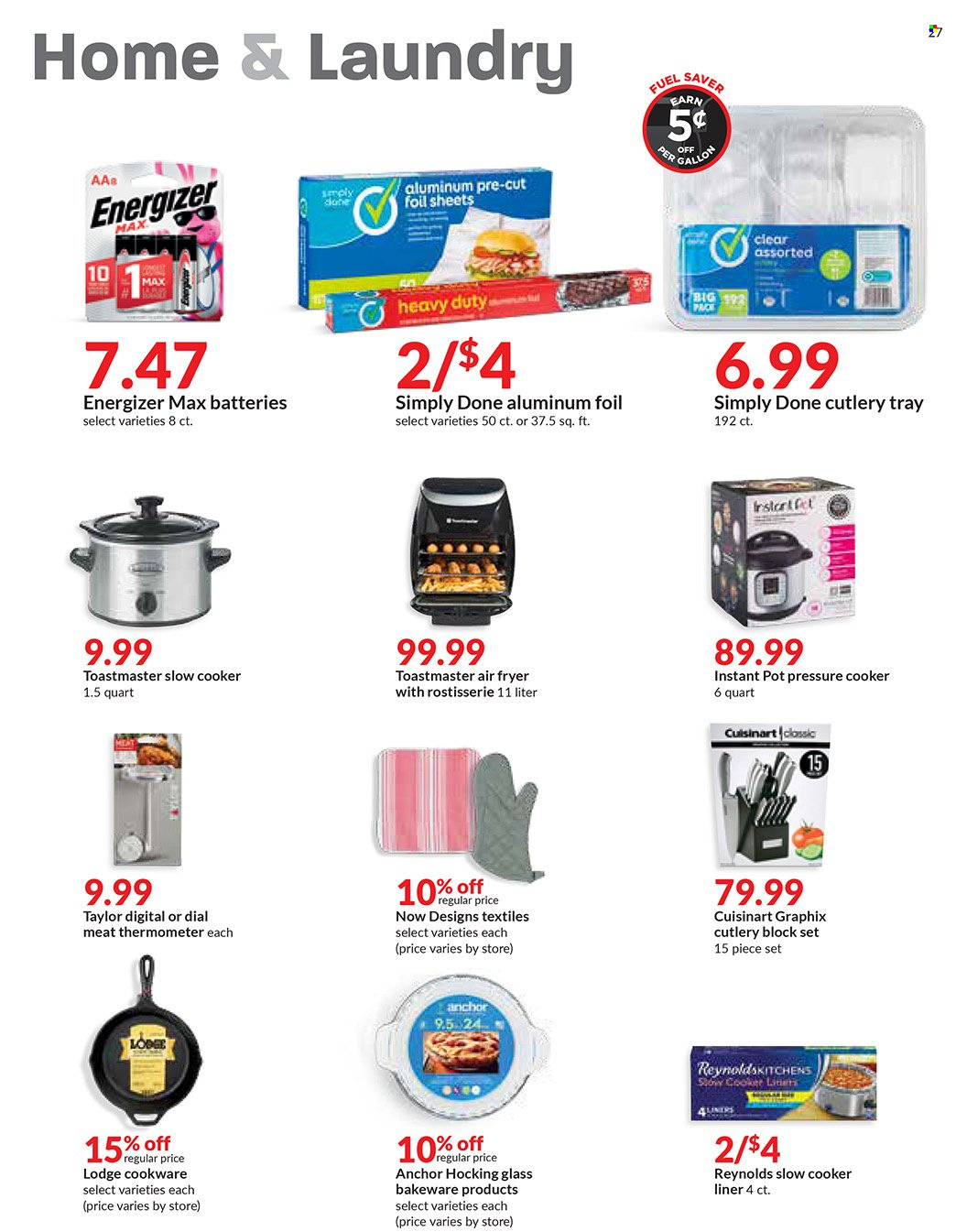 thumbnail - Hy-Vee Flyer - 11/03/2021 - 11/09/2021 - Sales products - Anchor, Dial, thermometer, gallon, cookware set, cutlery block, pot, pressure cooker, meat thermometer, bakeware, Cuisinart, aluminium foil, battery, Energizer, slow cooker, air fryer, Instant Pot. Page 27.