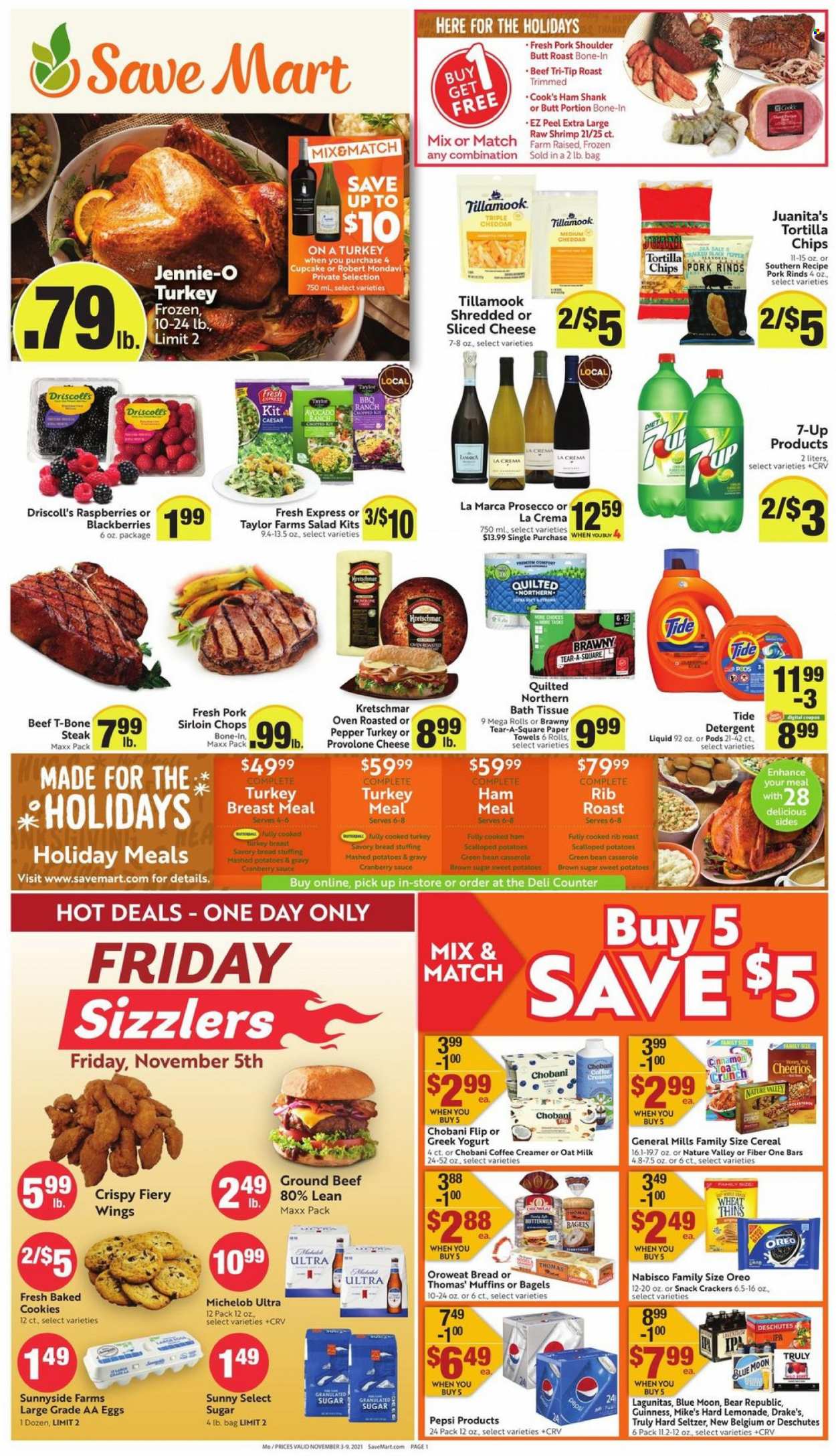 thumbnail - Save Mart Flyer - 11/03/2021 - 11/09/2021 - Sales products - bagels, bread, cupcake, muffin, sweet potato, avocado, blackberries, beef meat, ground beef, t-bone steak, steak, pork meat, pork shoulder, shrimps, mashed potatoes, sauce, cooked ham, ham, ham shank, Cook's, sliced cheese, cheese, Provolone, greek yoghurt, Oreo, yoghurt, Chobani, buttermilk, oat milk, eggs, creamer, cookies, crackers, tortilla chips, Thins, cane sugar, salt, cereals, Cheerios, Nature Valley, Fiber One, cinnamon, cranberry sauce, lemonade, Pepsi, 7UP, prosecco, Hard Seltzer, TRULY, beer, Guinness, IPA, Tide, Blue Moon, Michelob. Page 1.