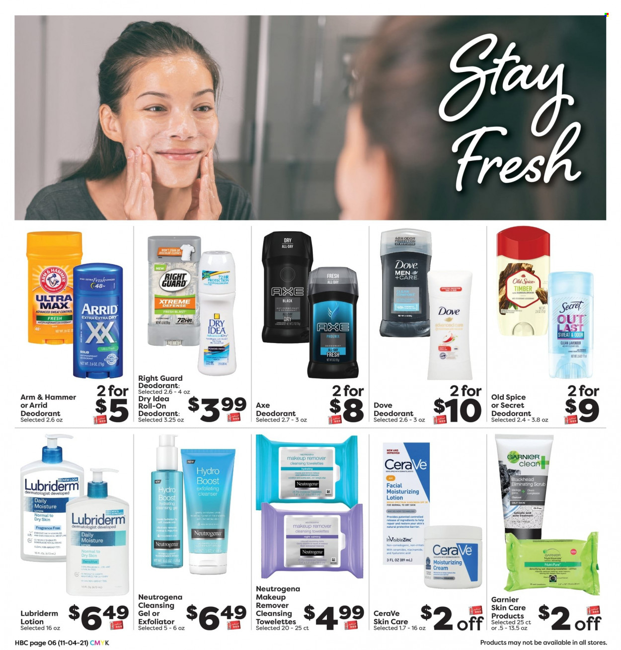 thumbnail - Weis Flyer - 11/04/2021 - 12/02/2021 - Sales products - ARM & HAMMER, spice, Boost, Ron Pelicano, Dove, Old Spice, CeraVe, cleanser, Garnier, Neutrogena, Niacinamide, body lotion, Lubriderm, anti-perspirant, roll-on, deodorant. Page 6.