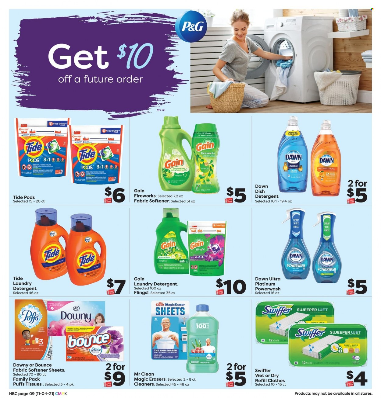 thumbnail - Weis Flyer - 11/04/2021 - 12/02/2021 - Sales products - puffs, Boost, tissues, detergent, Febreze, Gain, cleaner, Swiffer, Tide, fabric softener, laundry detergent, Bounce, eraser. Page 9.