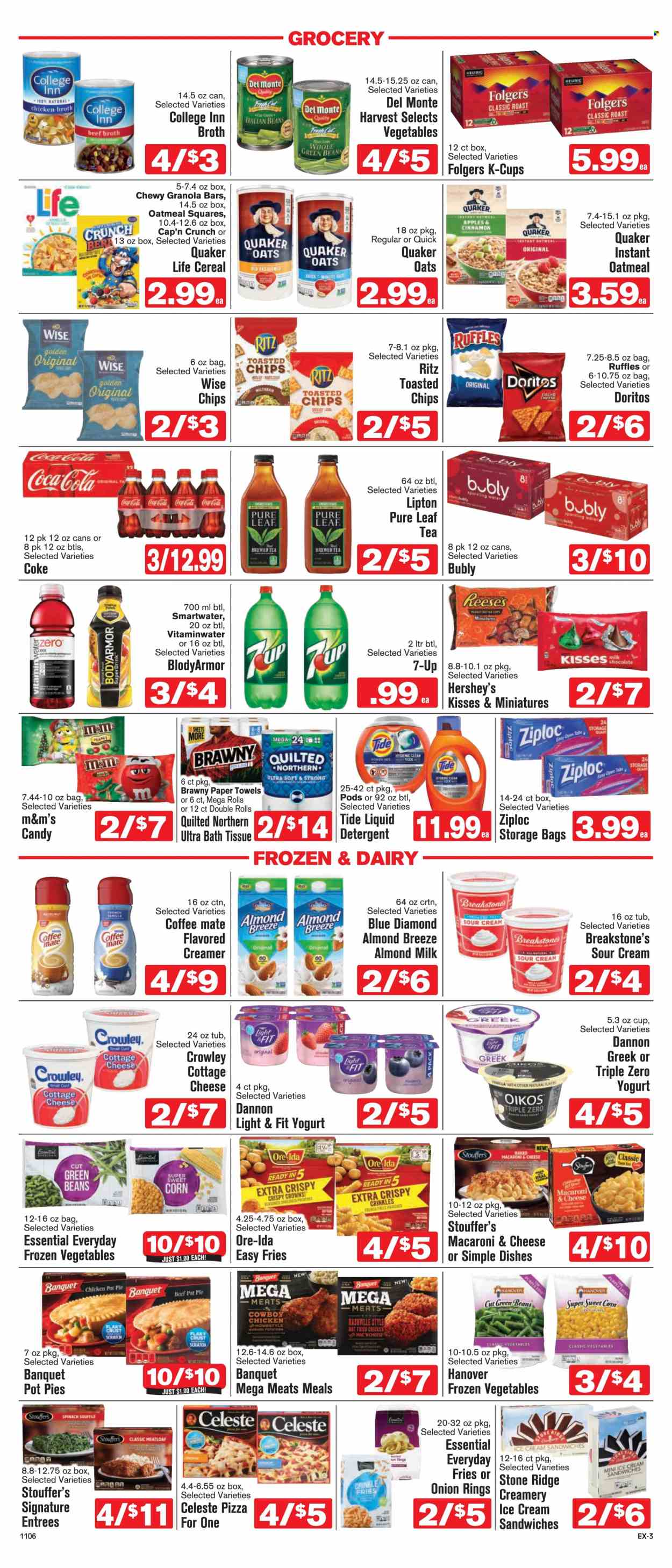 thumbnail - Shop ‘n Save Express Flyer - 11/06/2021 - 11/12/2021 - Sales products - pie, pot pie, corn, green beans, apples, macaroni & cheese, pizza, onion rings, fried chicken, Quaker, cottage cheese, curd, yoghurt, Oikos, Dannon, almond milk, Coffee-Mate, Almond Breeze, sour cream, creamer, ice cream, ice cream sandwich, Reese's, Hershey's, frozen vegetables, Stouffer's, potato fries, Ore-Ida, crinkle fries, Celeste, M&M's, RITZ, Doritos, Ruffles, beef broth, chicken broth, oatmeal, oats, broth, cereals, granola bar, Cap'n Crunch, cinnamon, Blue Diamond, Coca-Cola, Lipton, 7UP, Smartwater, tea, Pure Leaf, Folgers, coffee capsules, K-Cups, Keurig, red wine, wine, bath tissue, Quilted Northern, kitchen towels, paper towels, detergent, Tide. Page 3.