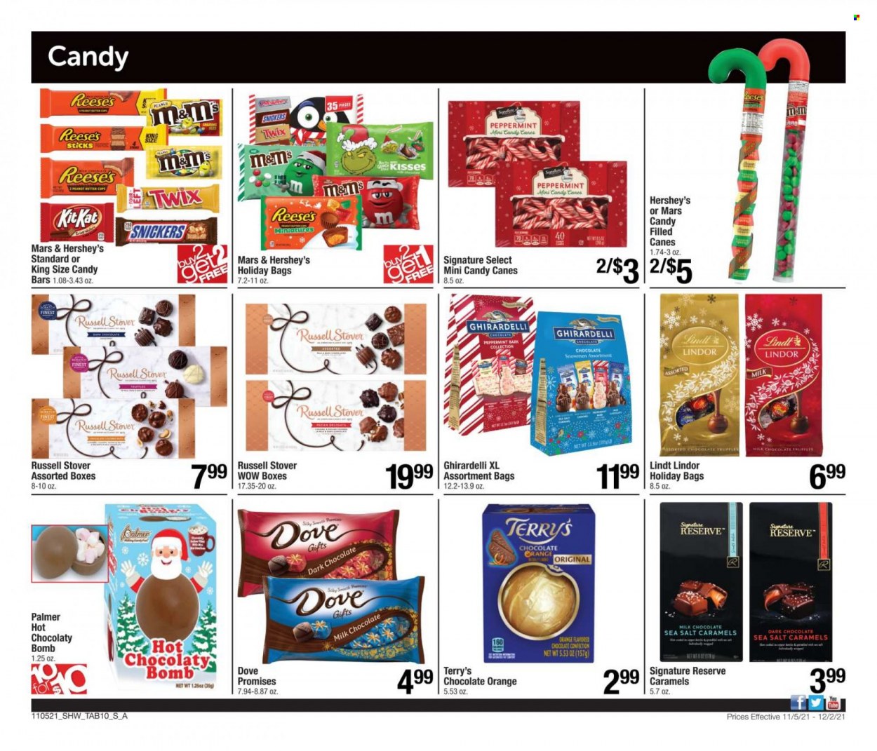 thumbnail - Shaw’s Flyer - 11/05/2021 - 12/02/2021 - Sales products - Reese's, Hershey's, milk chocolate, chocolate, Lindt, Lindor, Snickers, Twix, Mars, M&M's, dark chocolate, Ghirardelli, Dove, cup. Page 10.