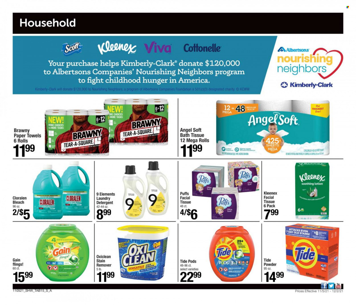 thumbnail - Shaw’s Flyer - 11/05/2021 - 12/02/2021 - Sales products - puffs, bath tissue, Cottonelle, Kleenex, Scott, kitchen towels, paper towels, detergent, Gain, bleach, stain remover, OxiClean, Tide, laundry detergent, body lotion. Page 15.