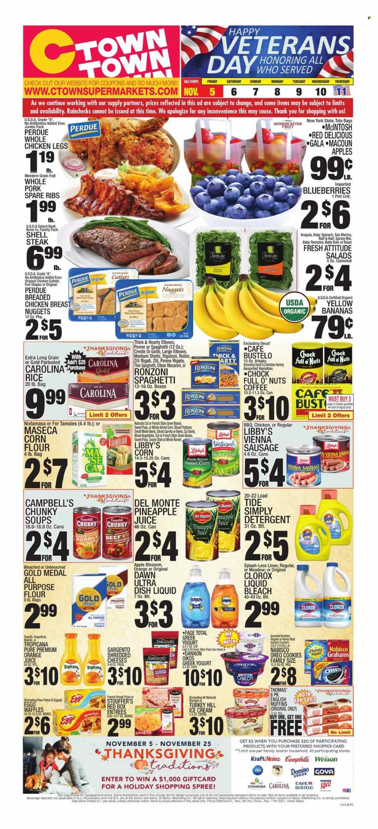 thumbnail - C-Town Flyer - 11/05/2021 - 11/11/2021 - Sales products - bread, english muffins, french bread, waffles, green beans, kale, potatoes, sweet corn, Gala, grapefruits, Red Delicious apples, pineapple, Campbell's, macaroni, nuggets, chicken nuggets, noodles, Perdue®, sausage, vienna sausage, Sargento, greek yoghurt, Oreo, Oikos, Dannon, Blossom, ice cream, sherbet, Stouffer's, cookies, Paw Patrol, all purpose flour, flour, sugar, corn flour, Honey Maid, rice, parboiled rice, penne, pineapple juice, orange juice, juice, coffee, L'Or, whole chicken, chicken cutlets, chicken legs, steak, pork meat, pork ribs, pork spare ribs. Page 1.