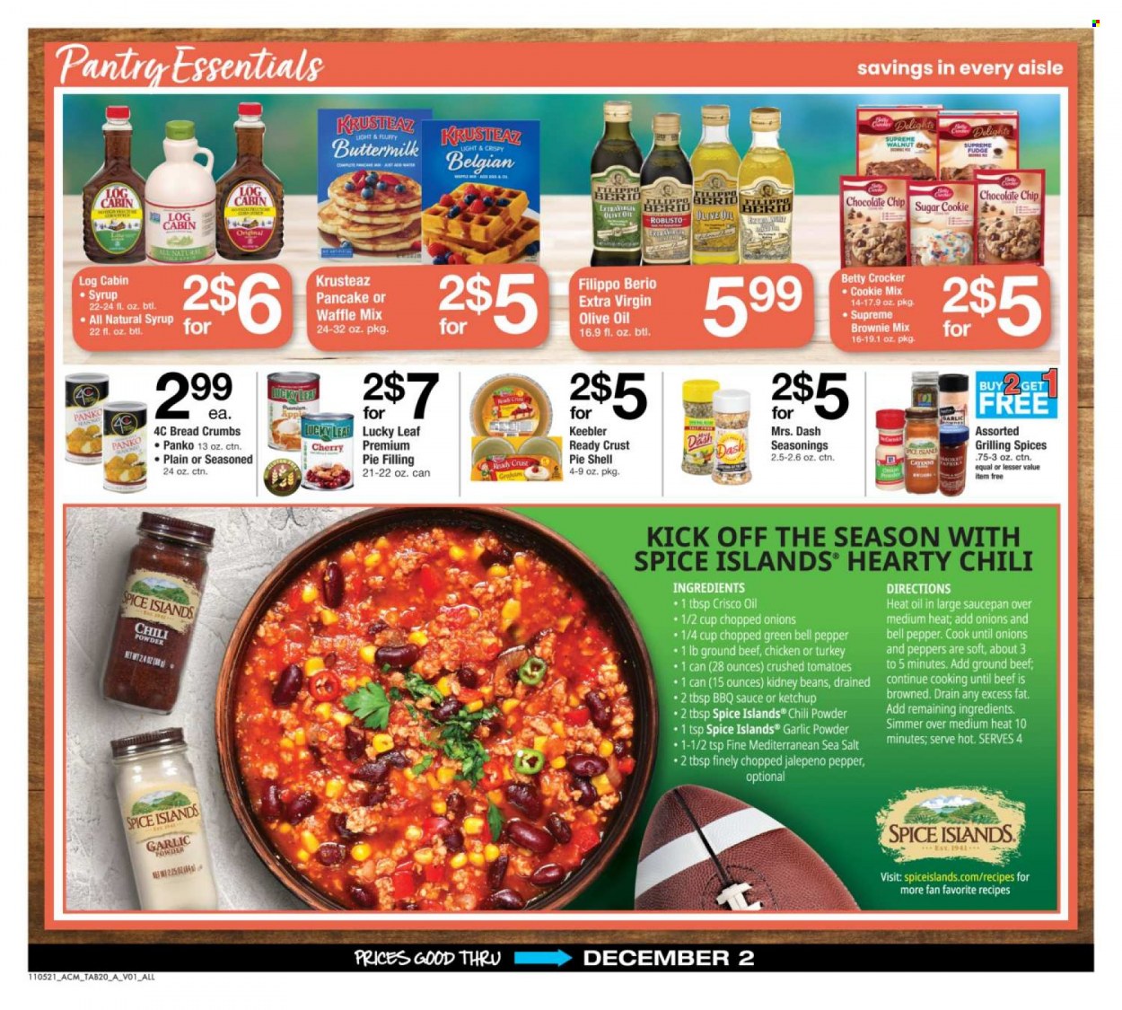 thumbnail - ACME Flyer - 11/05/2021 - 12/02/2021 - Sales products - brownie mix, panko breadcrumbs, tomatoes, onion, cherries, pancakes, buttermilk, fudge, chocolate chips, Keebler, Crisco, sugar, pie filling, sea salt, crushed tomatoes, kidney beans, pepper, spice, garlic powder, BBQ sauce, ketchup, extra virgin olive oil, olive oil, syrup, beef meat, ground beef, saucepan. Page 20.