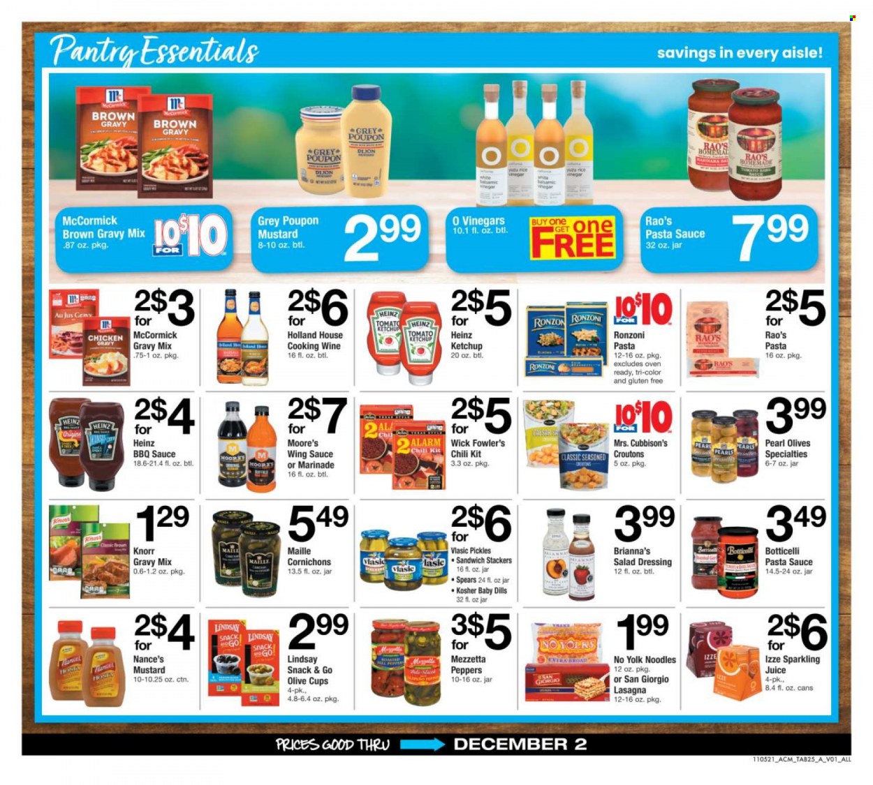 thumbnail - ACME Flyer - 11/05/2021 - 12/02/2021 - Sales products - peppers, pasta sauce, sandwich, Knorr, noodles, lasagna meal, snack, croutons, Heinz, pickles, olives, rice, gravy mix, BBQ sauce, mustard, salad dressing, ketchup, dressing, marinade, wing sauce, balsamic vinegar, vinegar, juice, cooking wine, cup. Page 25.