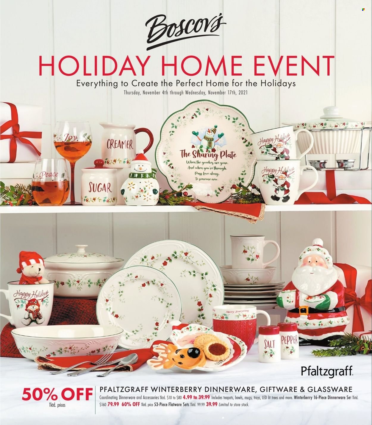 thumbnail - Boscov's Flyer - 11/04/2021 - 11/17/2021 - Sales products - dinnerware set, flatware, glassware set, plate. Page 1.