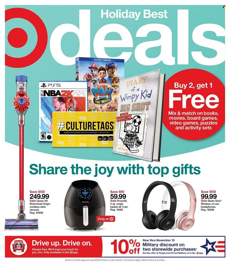 thumbnail - Target Flyer - 11/07/2021 - 11/13/2021 - Sales products - Target, basket, diary, book, Beats, headphones, Blu-ray, Dyson, air fryer, puzzle, board game. Page 1.