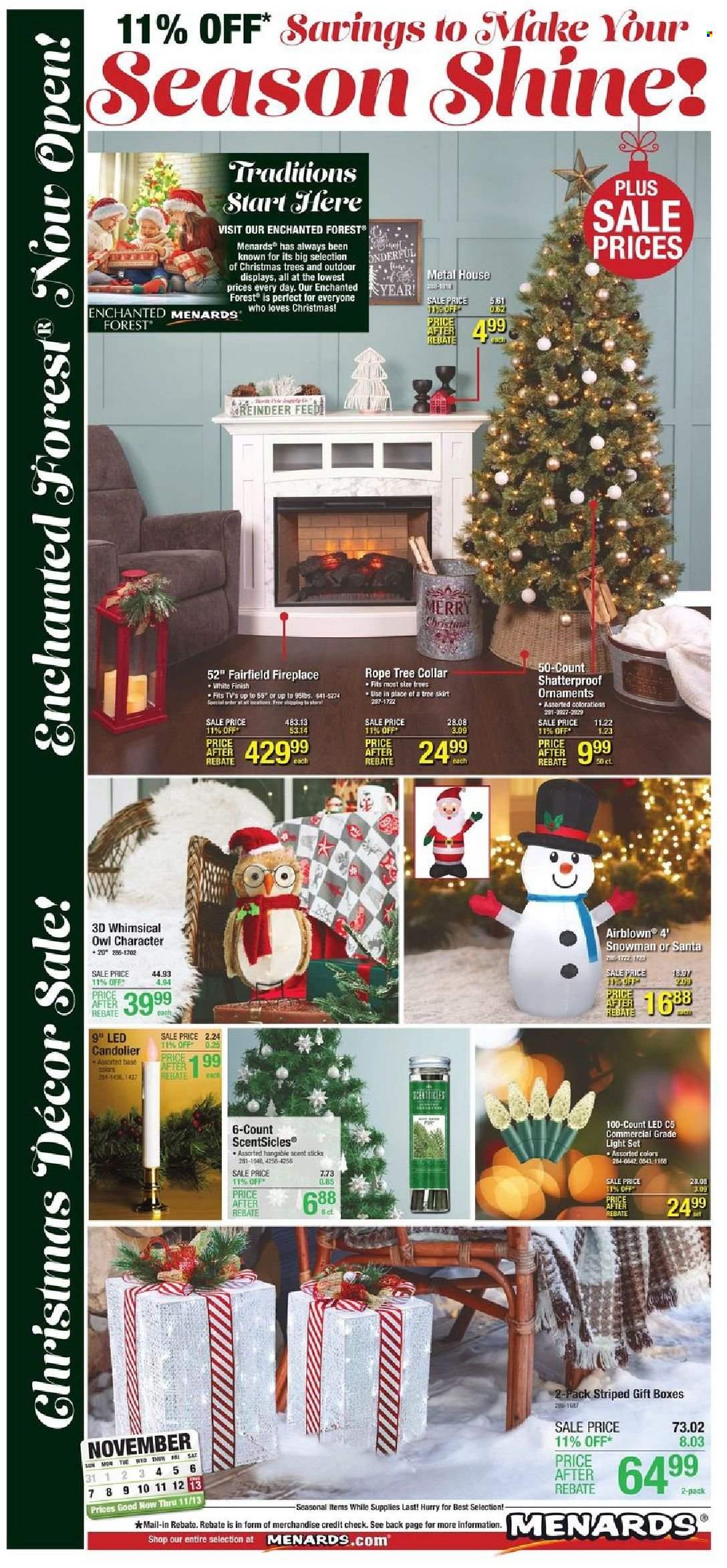 thumbnail - Menards Flyer - 11/04/2021 - 11/13/2021 - Sales products - gift box, reindeer, tree skirt, christmas tree, christmas decor, light set, fireplace. Page 1.